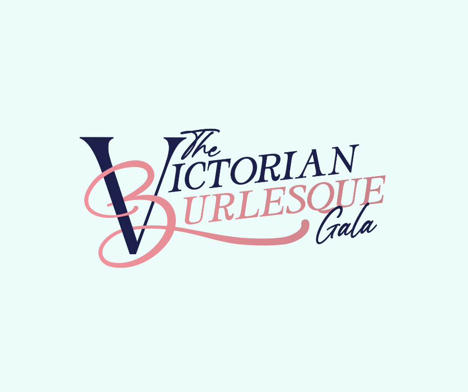 Logo for The Victorian Burlesque Gala featuring elegant, stylized text in navy and pink on a light background.
