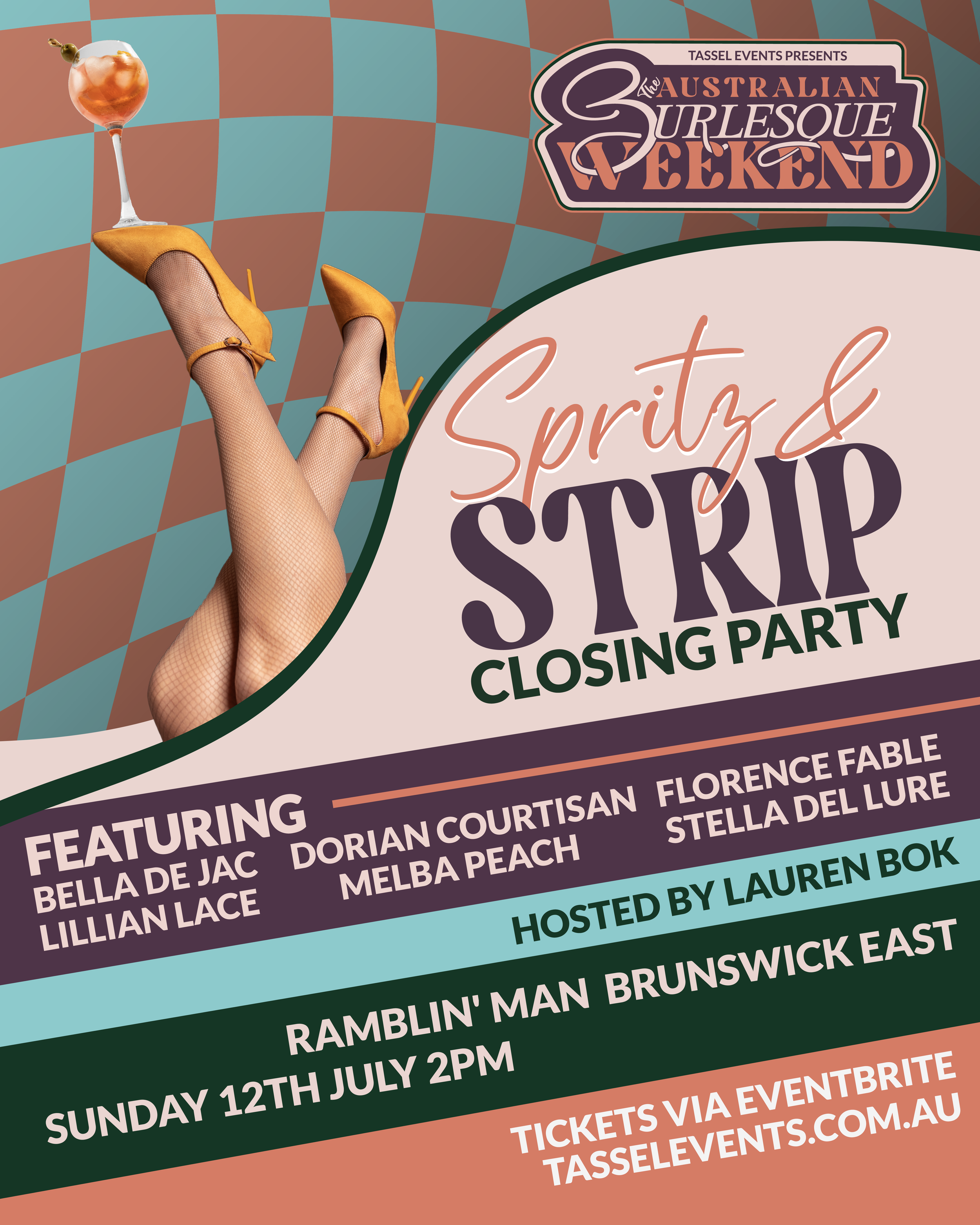 Event poster for the Australian burlesque Weekend featuring a pair of legs in yellow high heels and fishnet stockings, with a cocktail glass balanced on one foot with tickets available through Eventbrite.