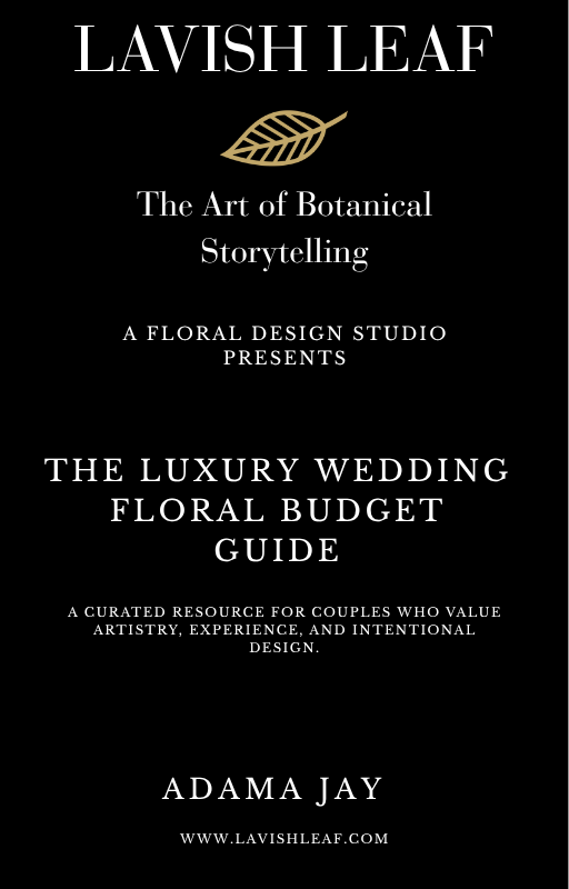 Cover page for 'The Luxury Wedding Floral Budget Guide' by Adama Jay, presented by Lavish Leaf, featuring a black background with a gold leaf graphic and white text about floral design and wedding budgeting.