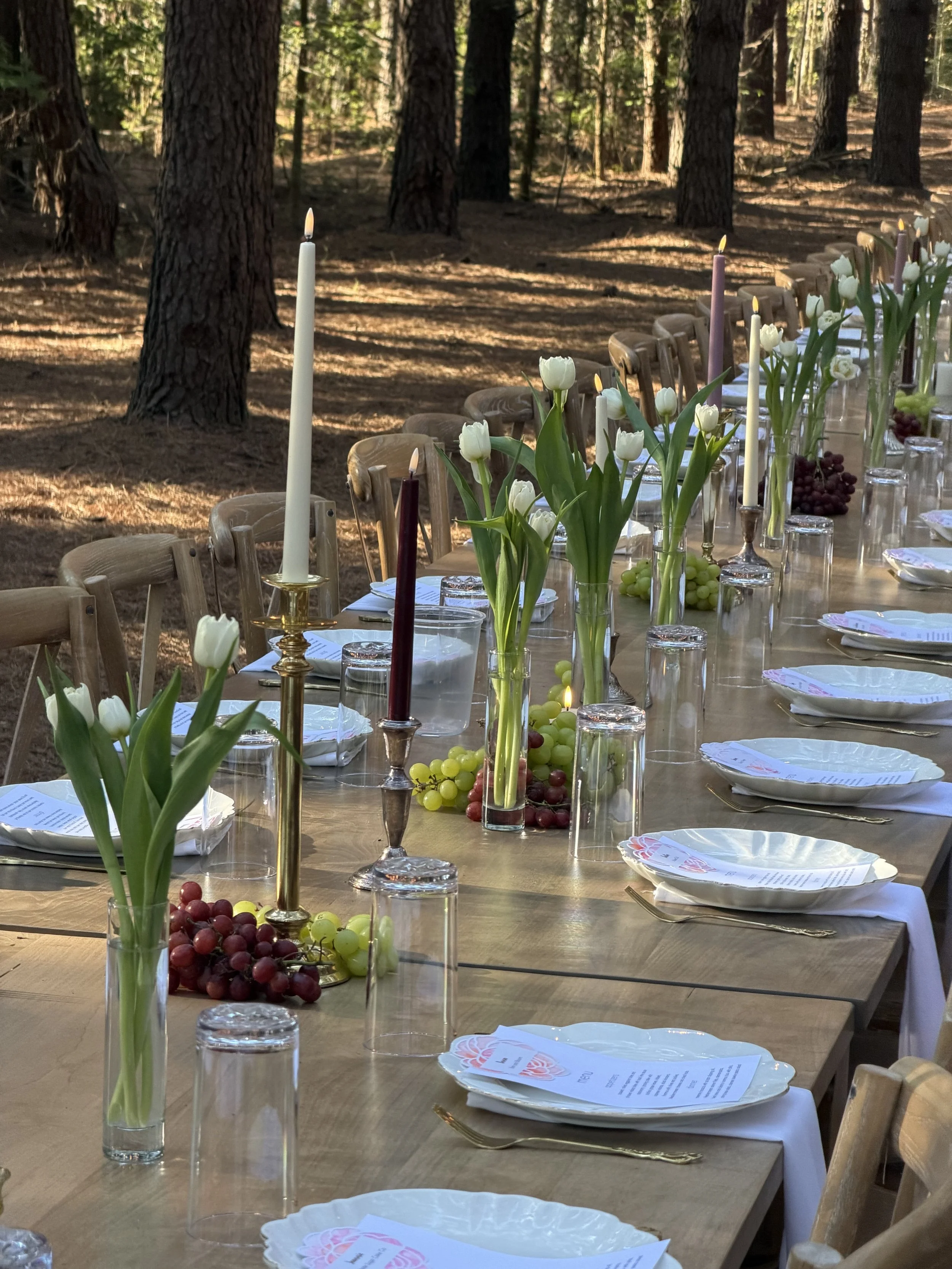 Garden-inspired floral tablescape created for a luxury event at Figment Farms in Apex, North Carolina