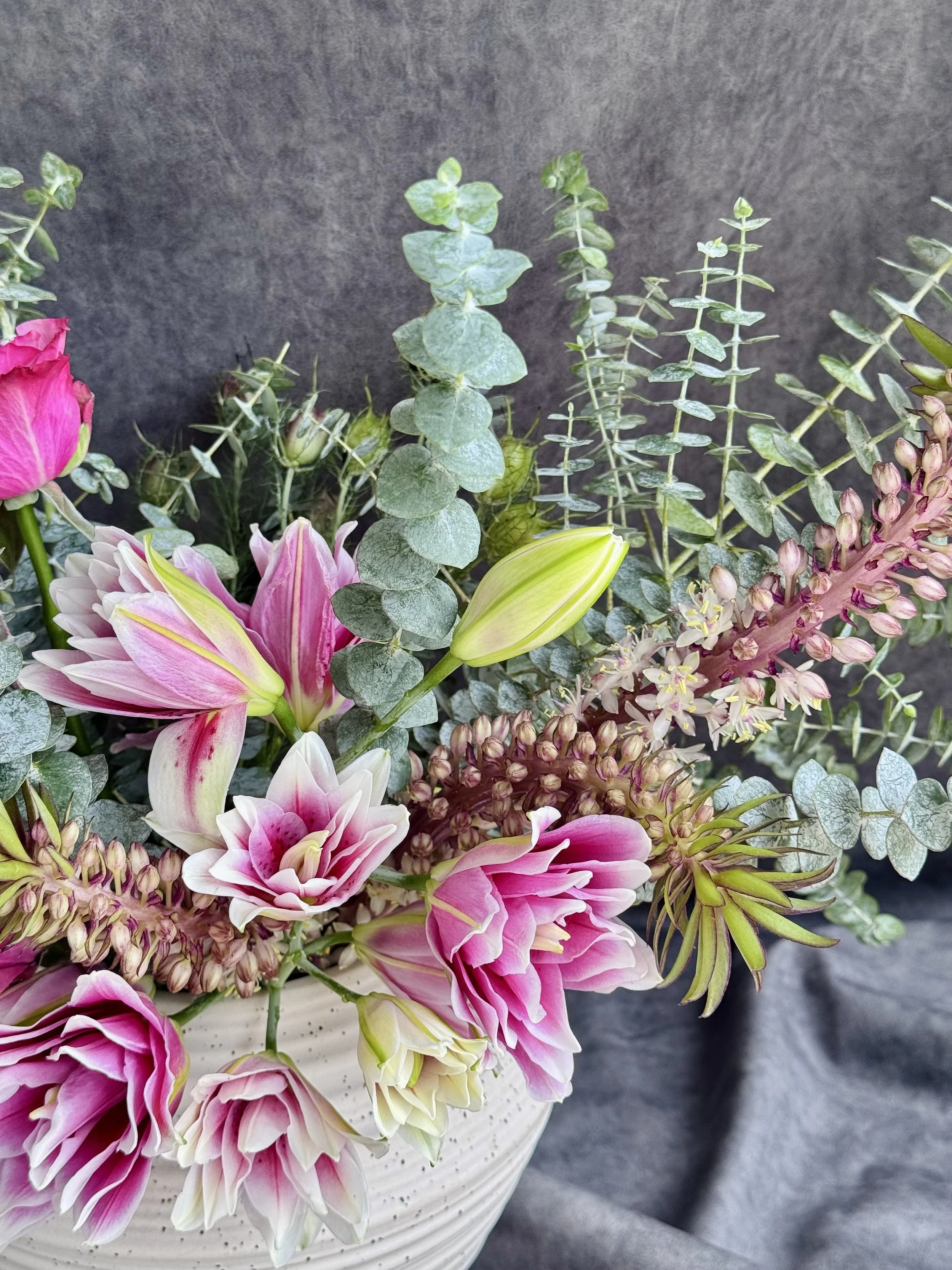 Fresh floral arrangement positioned for a console table in a thoughtfully styled home in Cary, NC.