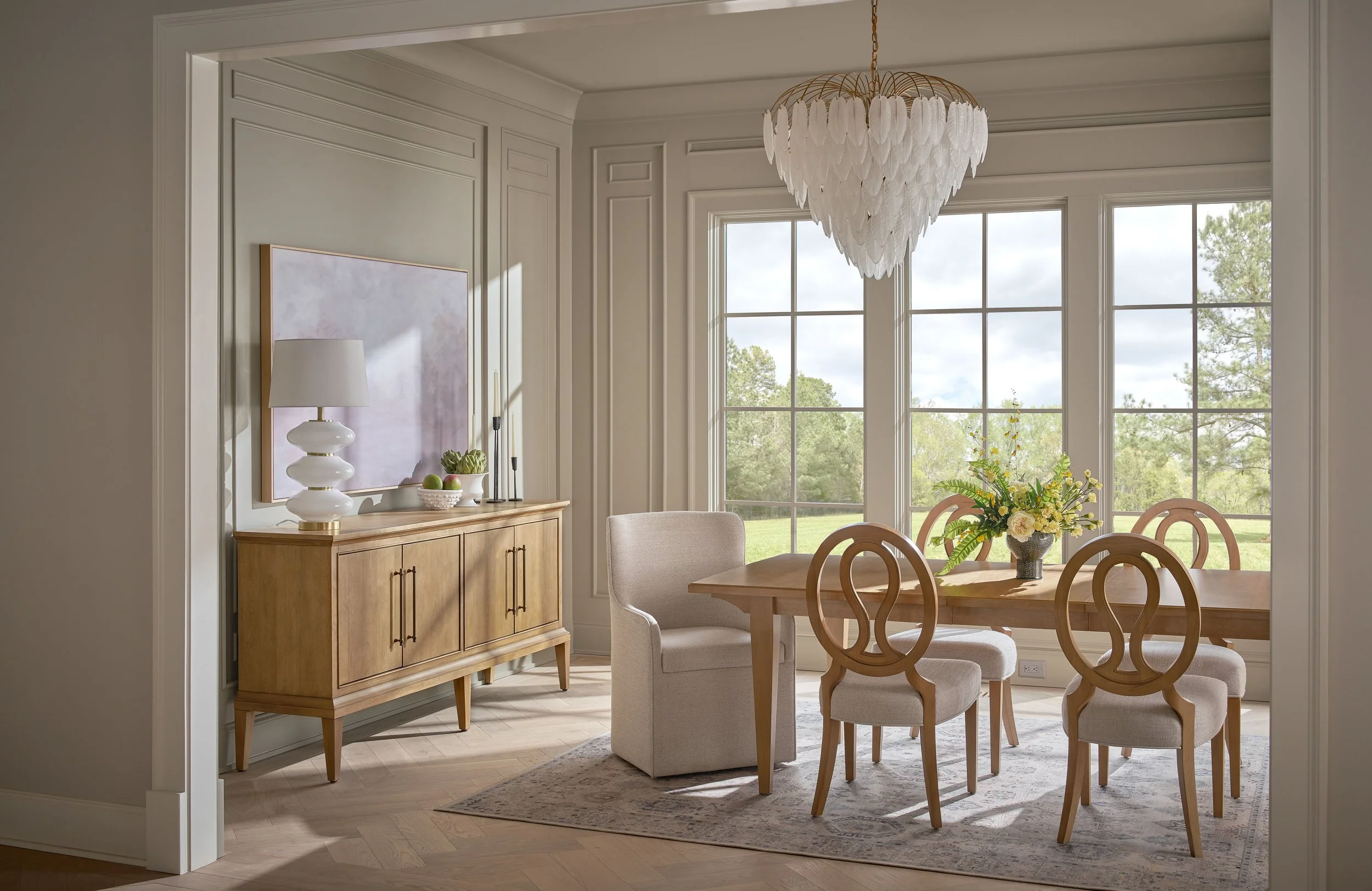 Editorial-style floral arrangement complementing the architecture of a residential interior home located in North Hills, Raleigh.