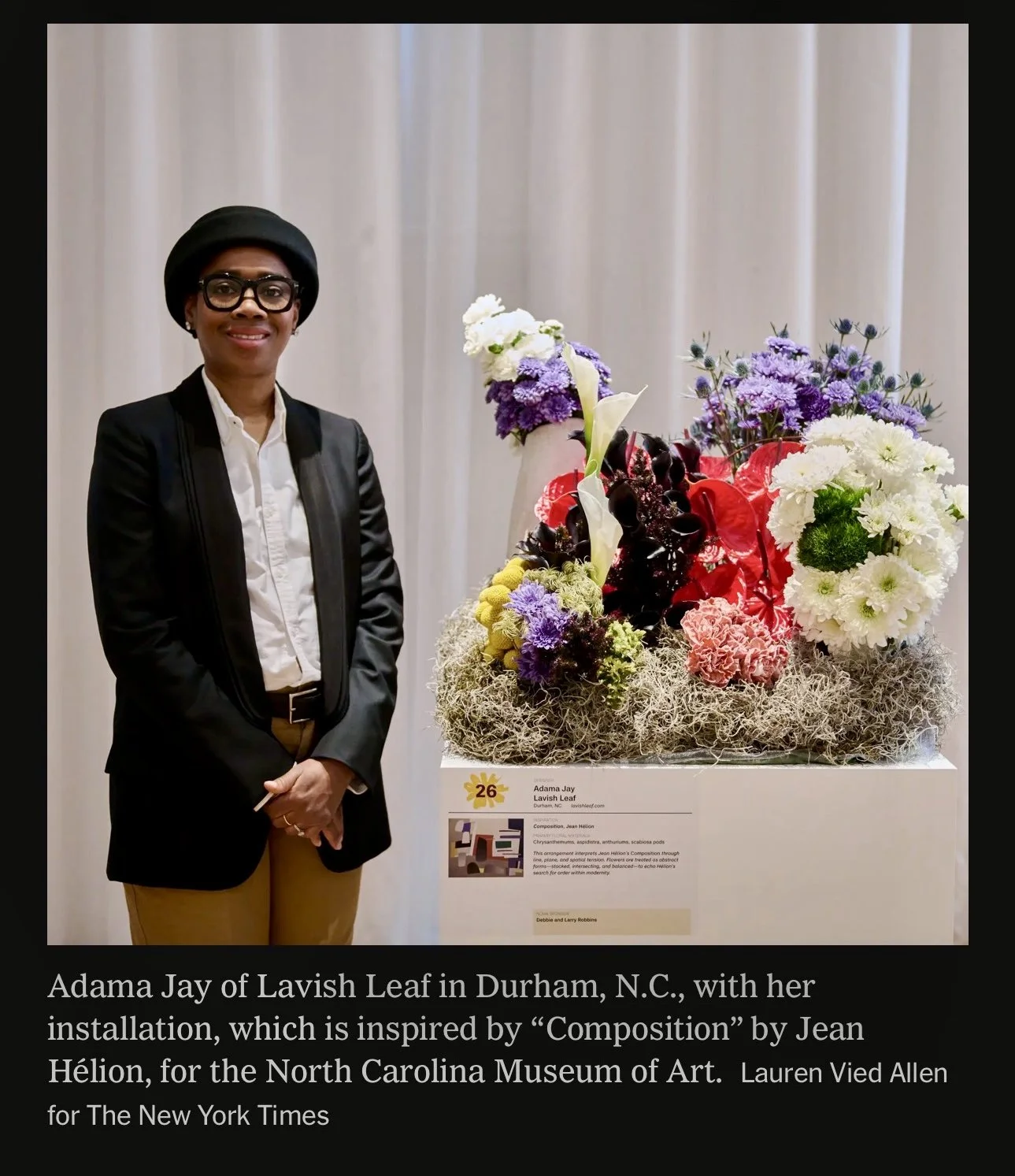 Adama Jay of Lavish Leaf in Durham, NC with her installation for NCMA Art in Bloom