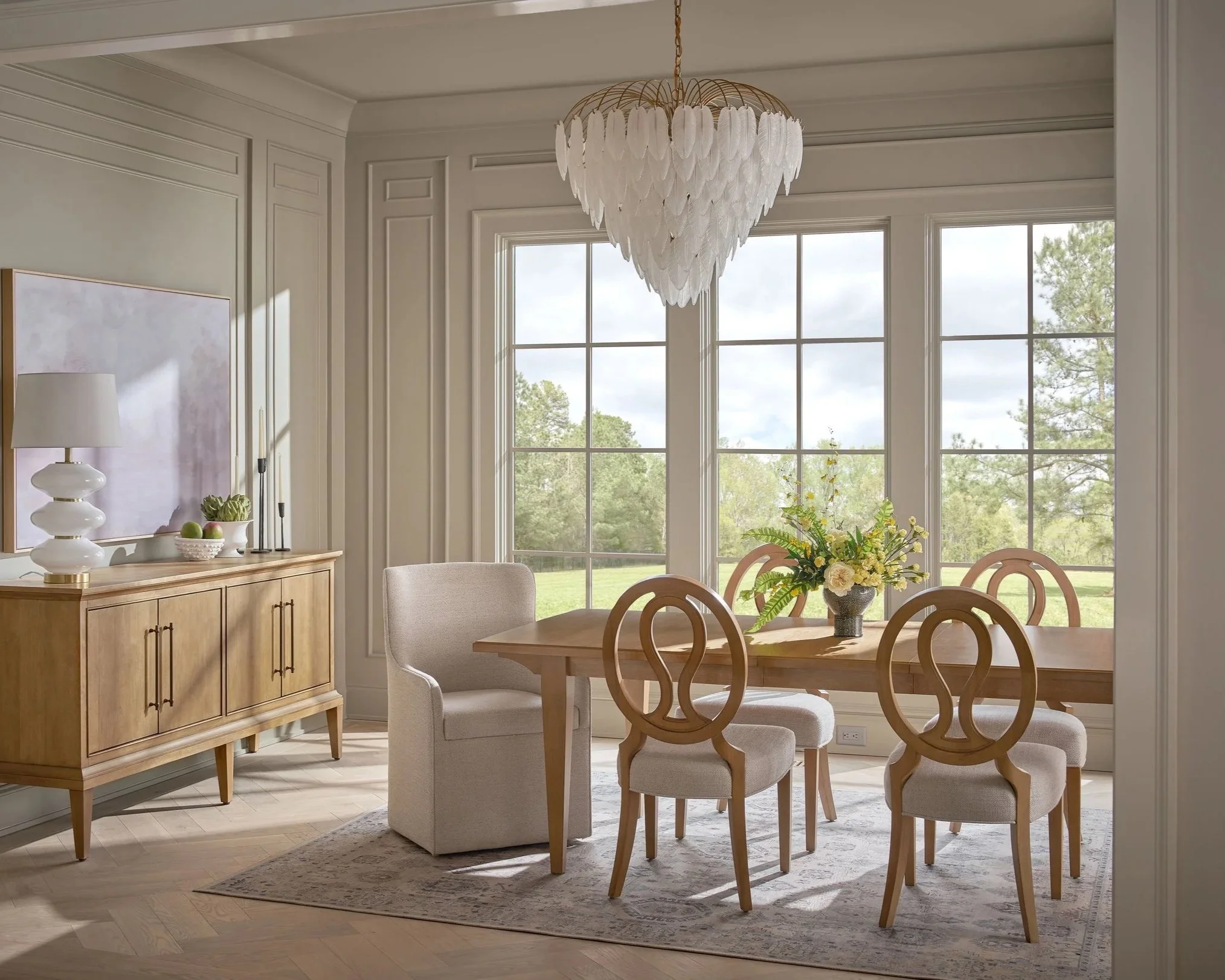Seasonal floral centerpiece designed for a thoughtfully curated dining room interior