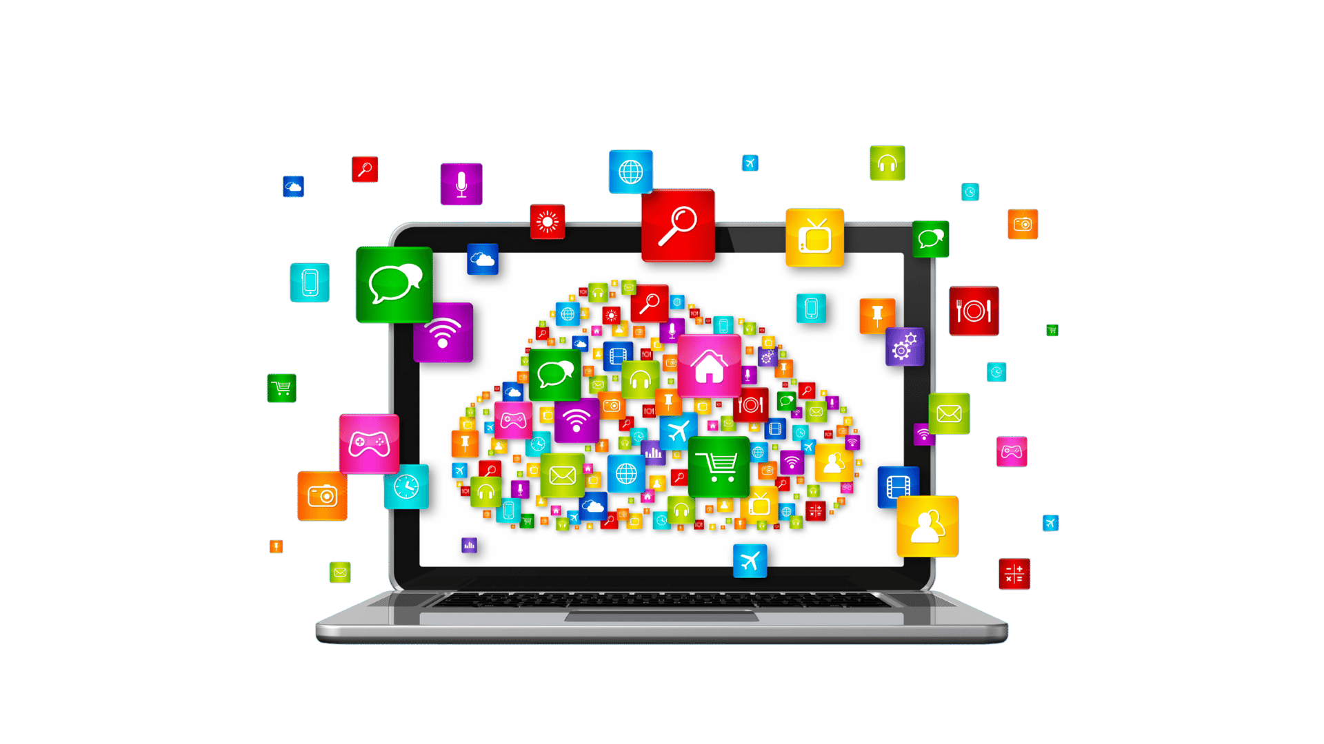 A laptop with colorful app icons floating outward, representing digital connectivity and mobile applications.