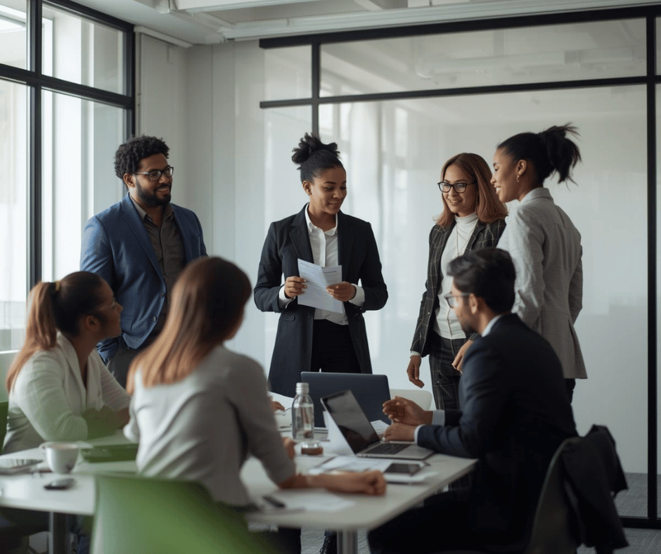 Business team in a meeting, with five people standing and four sitting around a table, in a modern office with large windows.