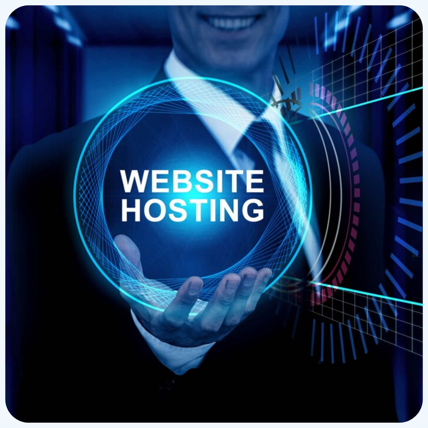 A person in a suit holding a glowing holographic sphere with the words 'Website Hosting' inside, surrounded by digital and futuristic graphic elements.