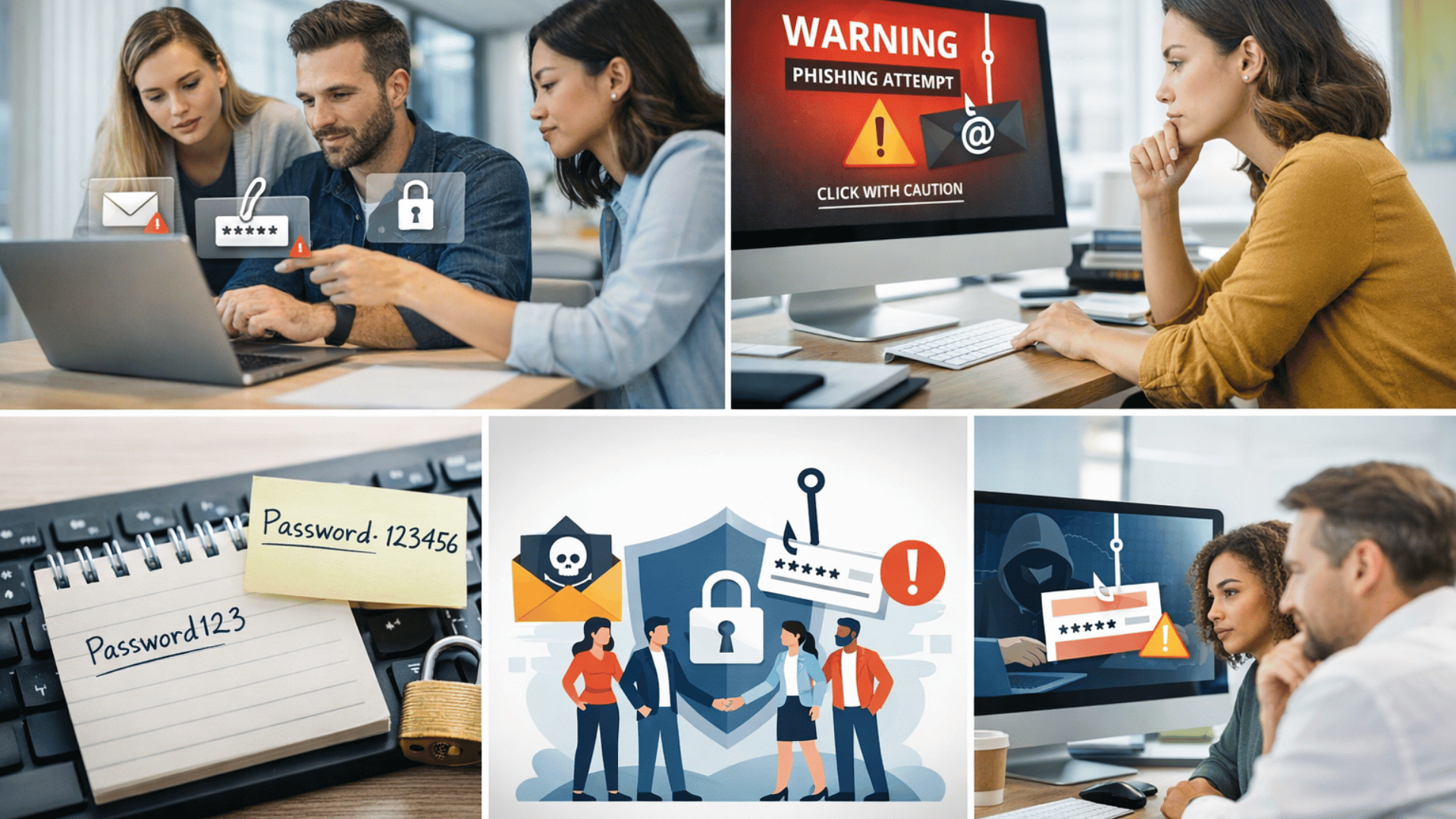 Collage of images depicting cybersecurity themes: people working on computers with alert icons, warning about phishing attempts, passwords written on paper, and digital security graphics showing secure and insecure connections.