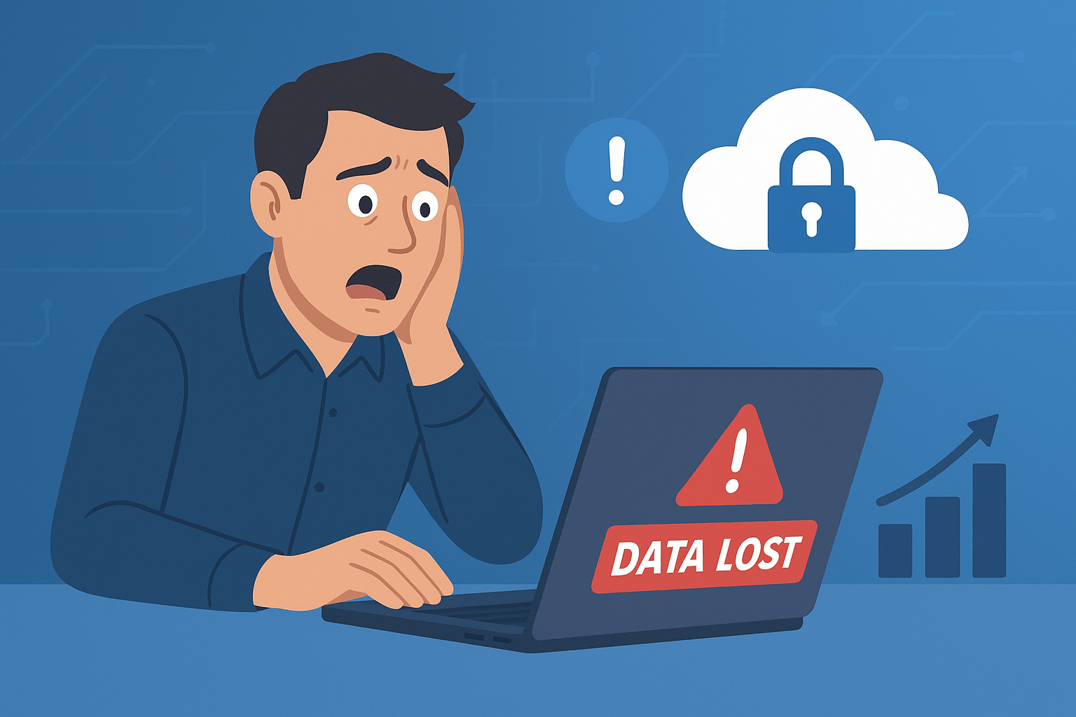 A worried man touches his face while looking at a laptop with a 'Data Lost' warning sticker. The background shows a cloud with a lock icon and an exclamation mark, indicating a data security or loss issue.