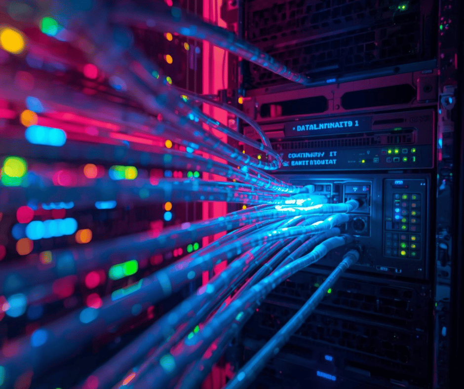 Server room with illuminated network cables and data equipment in blue and pink lighting.