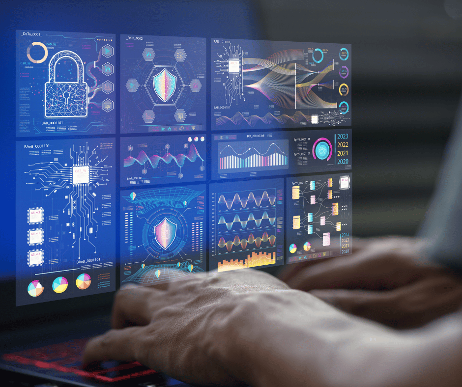 Person working on a laptop with transparent futuristic digital security and data analytics interface on the screen.