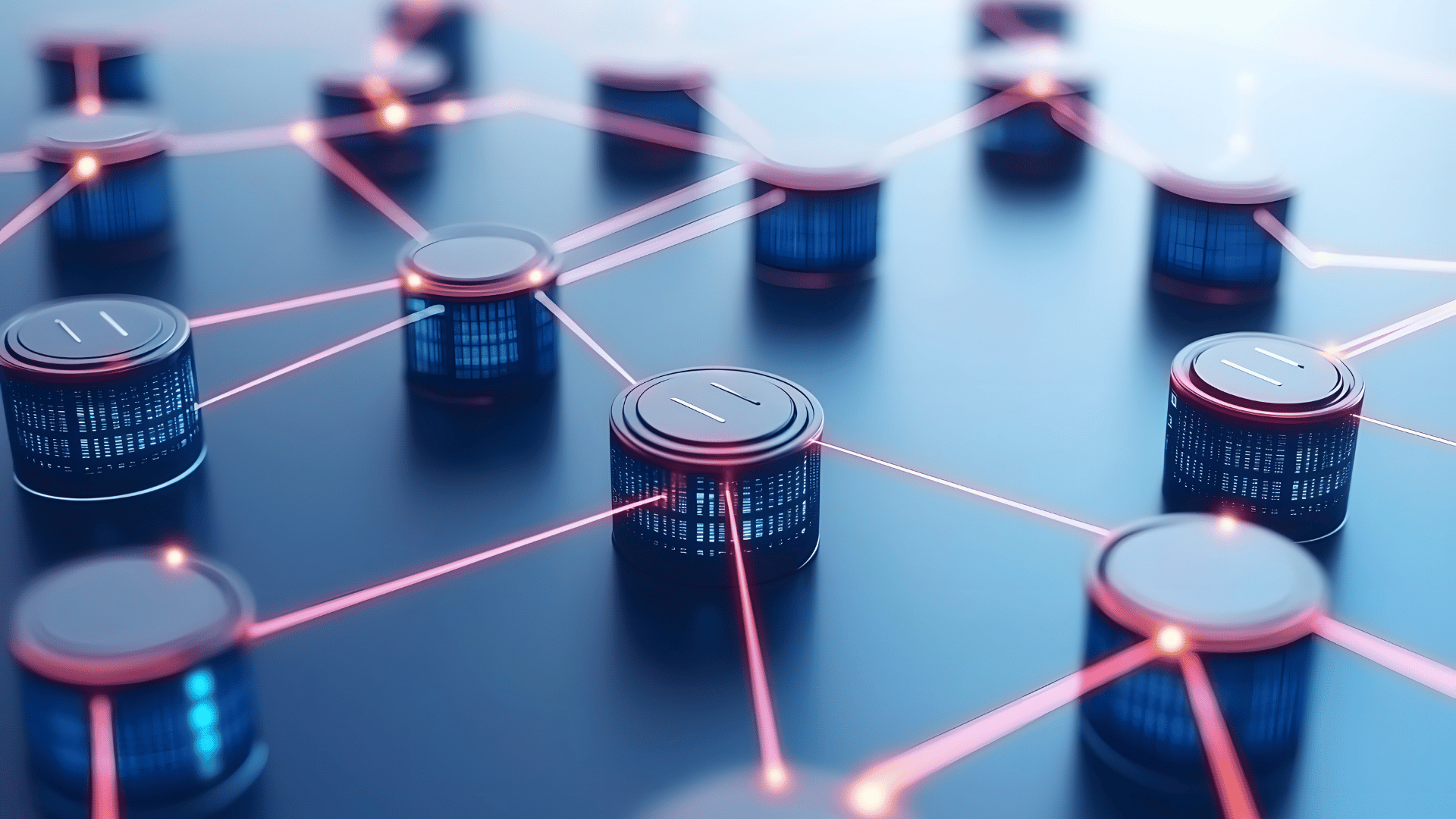 Digital illustration of interconnected data nodes represented by cylindrical structures with glowing lines connecting them in a network.
