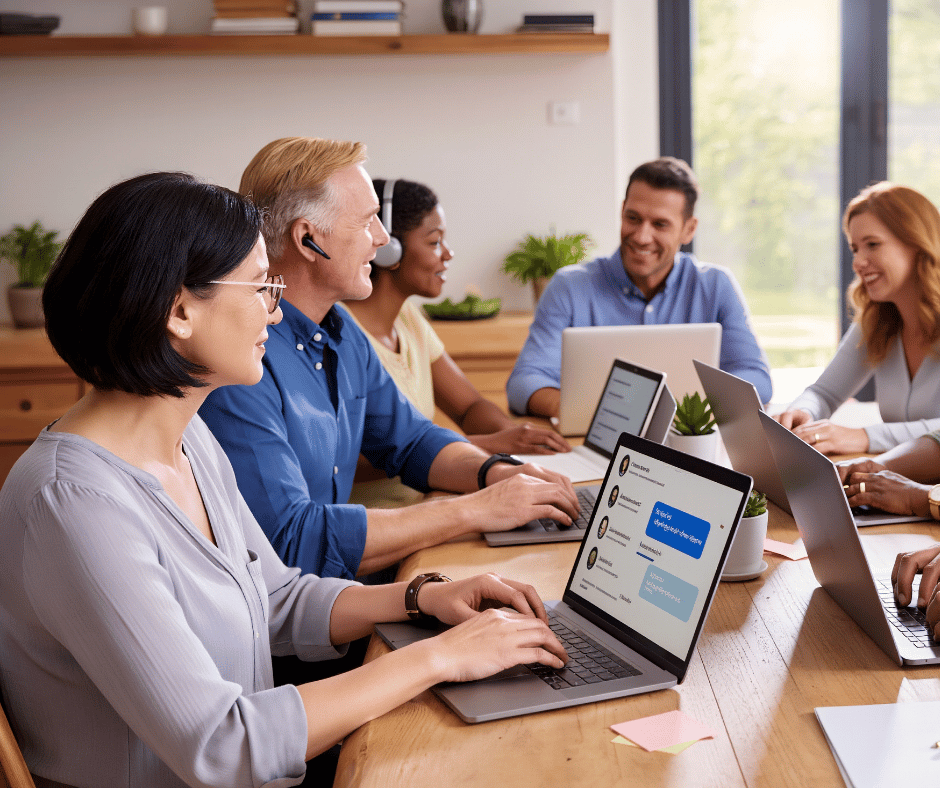 A diverse group of five people having a meeting in a bright, modern office, sitting around a wooden table with laptops, tablets, and phones, smiling and engaging in conversation.