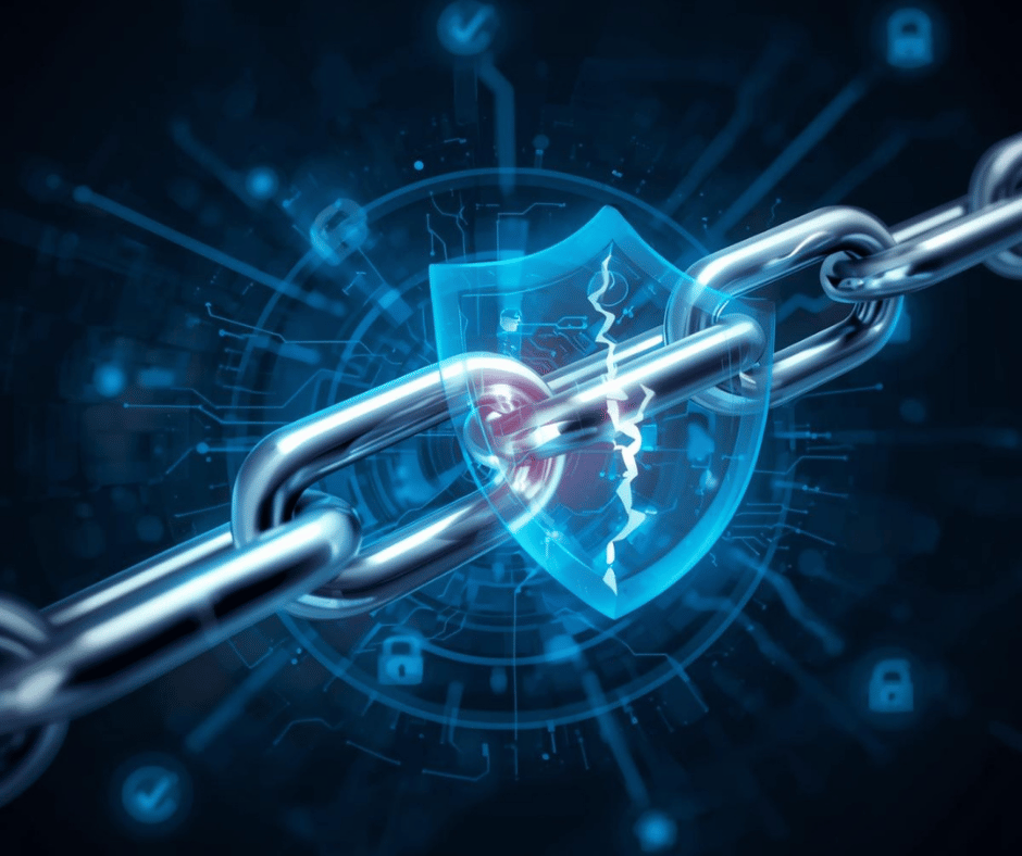 Digital illustration of a metal chain breaking with a shield symbol in the center, representing cybersecurity or data protection.