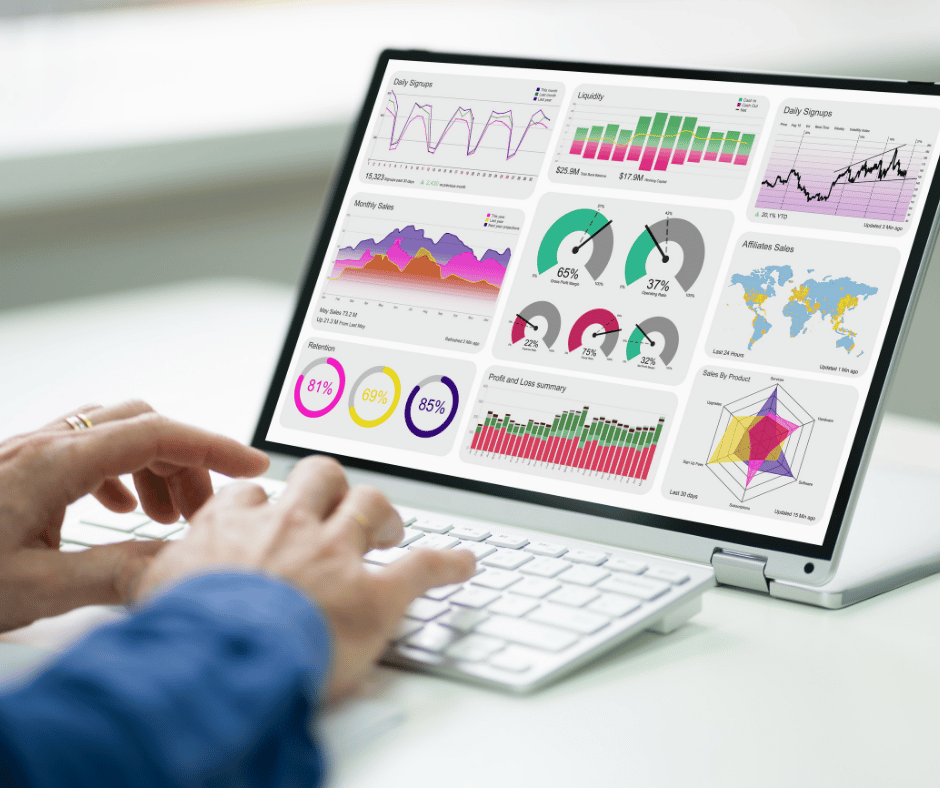 Person analyzing a laptop screen displaying various colorful business charts and graphs.
