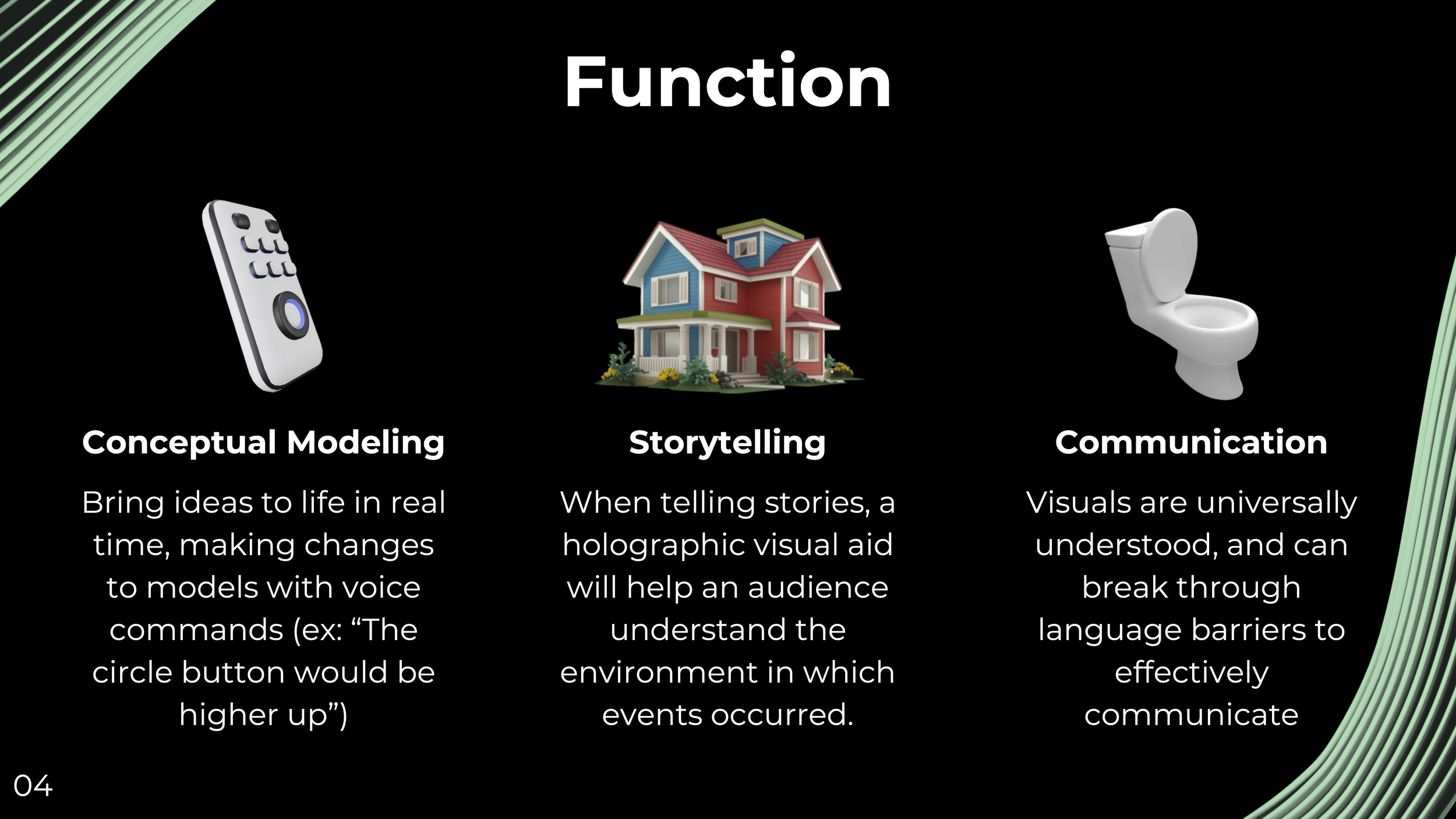 Utilizing deep research into developing technologies and trends, I forecasted how generative AI, DNA data storage, and holography could be used to enhance communication as a visual aid. Citing recent breakthroughs in text-to-3D-Model generative AI, h