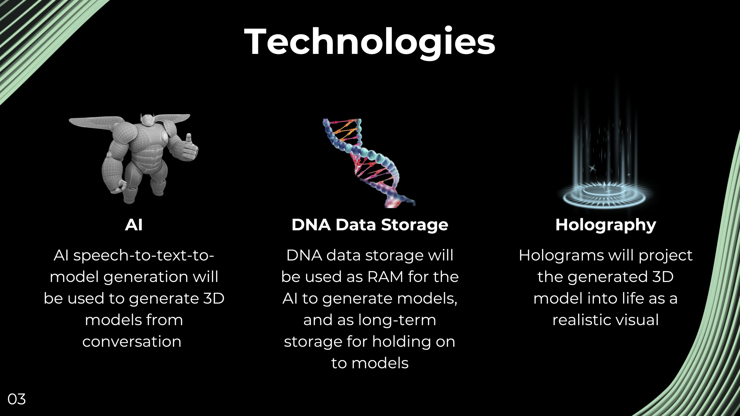 Utilizing deep research into developing technologies and trends, I forecasted how generative AI, DNA data storage, and holography could be used to enhance communication as a visual aid. Citing recent breakthroughs in text-to-3D-Model generative AI, h