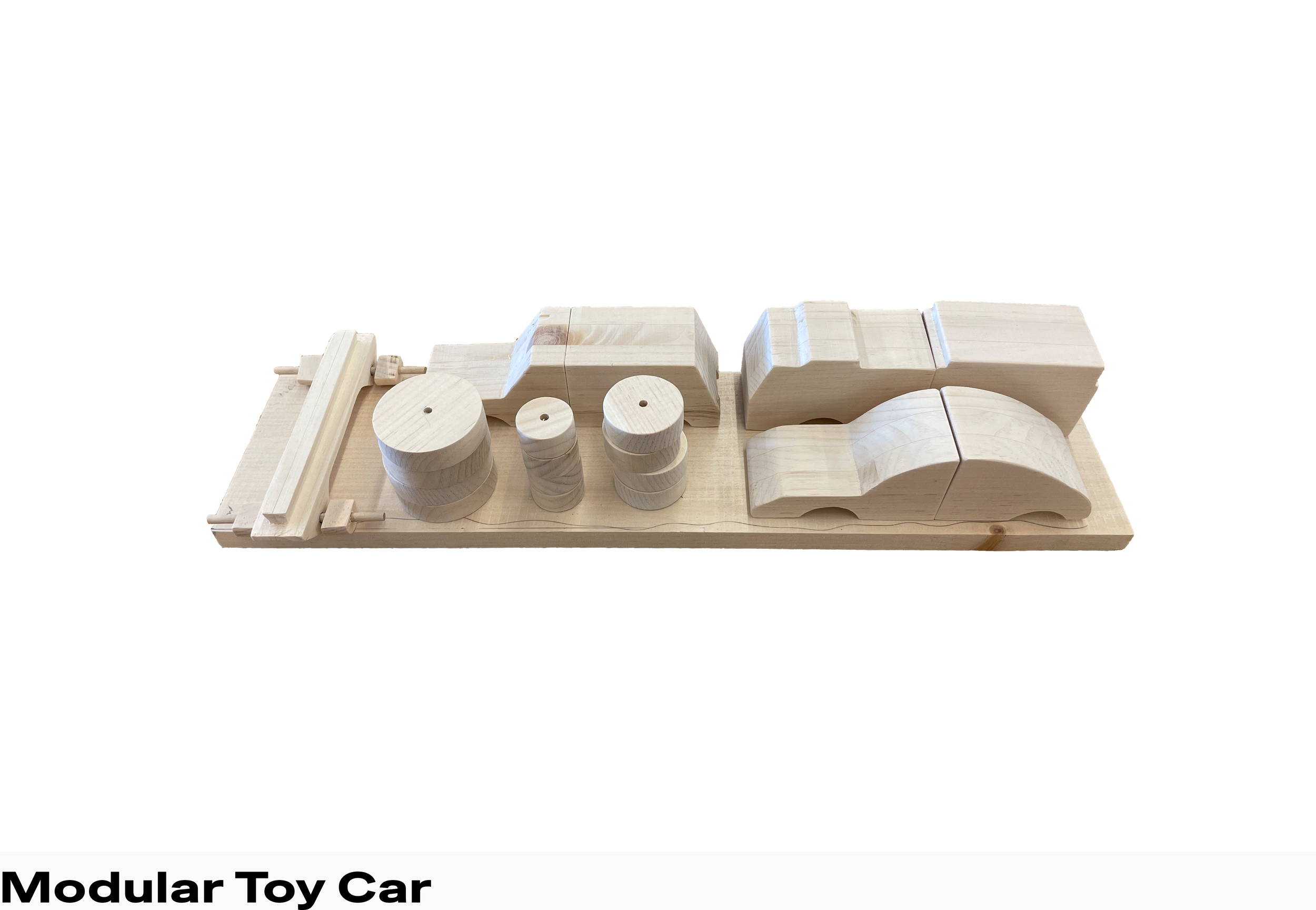 This modular car toy provides endless amounts of play through its customization. This iteration of the toy comes with 3 pairs of body pieces, 3 sets of wheels in different sizes, and one universal construction base. The universal construction base al