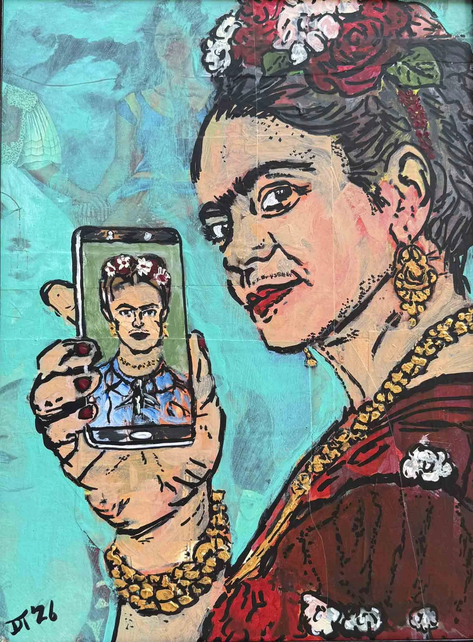 FRIDA SELFIE (THORNS AND HUMMING BIRD) MIXED MEDIA 12X16 2026