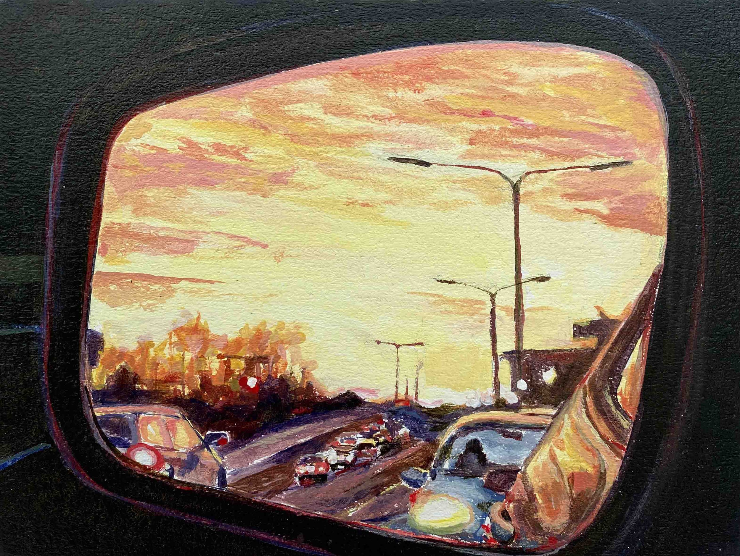 Rearview Sunset | 6 x 8 | acrylic on panel | 300
