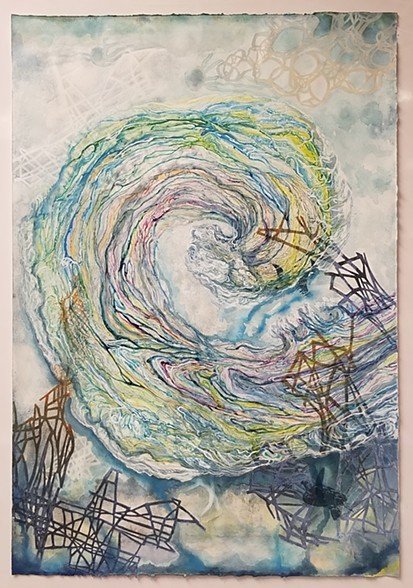 "Like Oil & Water" 22 x 30 | watercolor monotype, screen-print, oil-based stencils | 1500