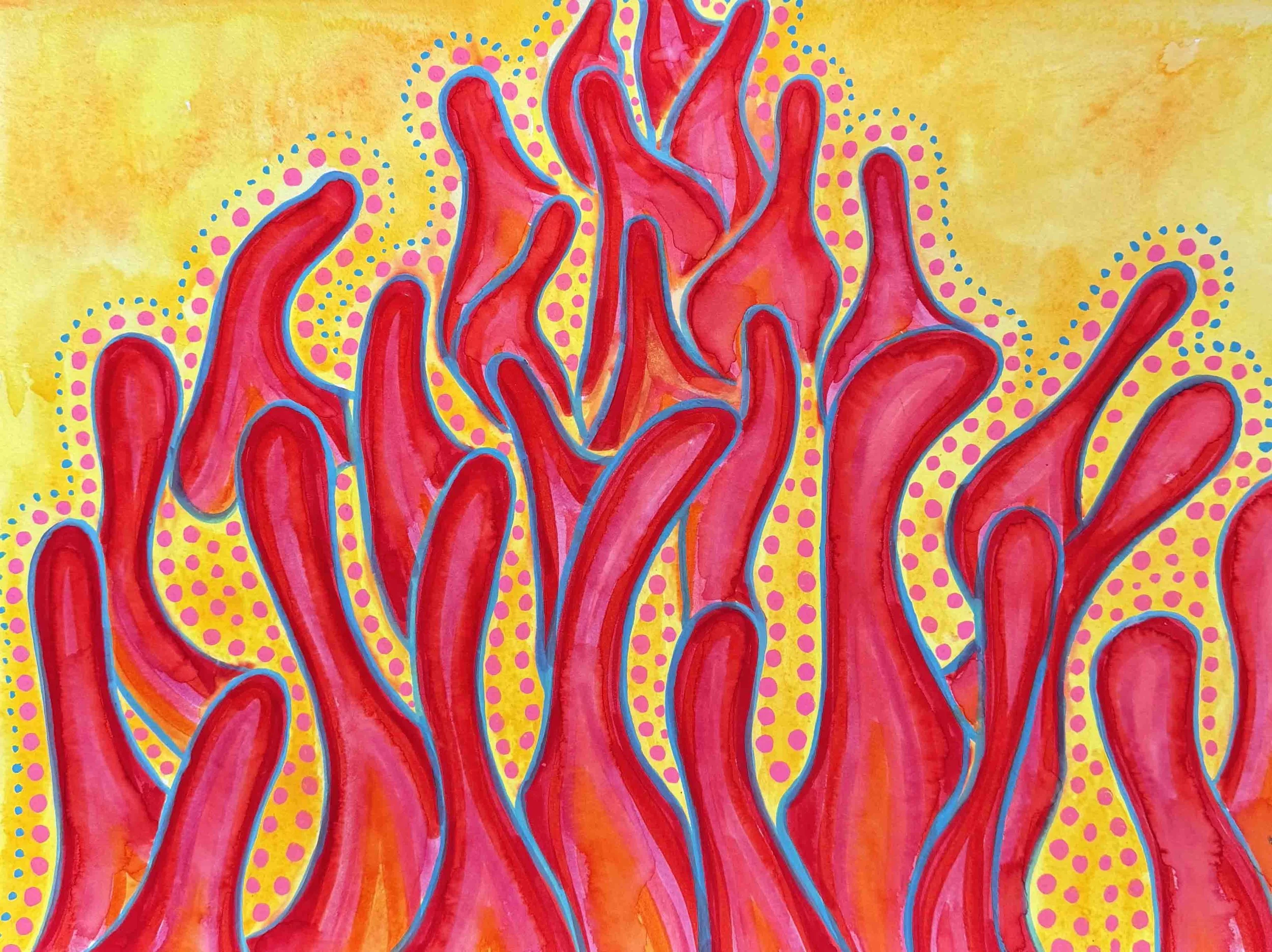 Earth Tongues 16 x 12 | watercolor, alcohol ink marker and acrylic paint marker on Arches hot-pressed paper | 175