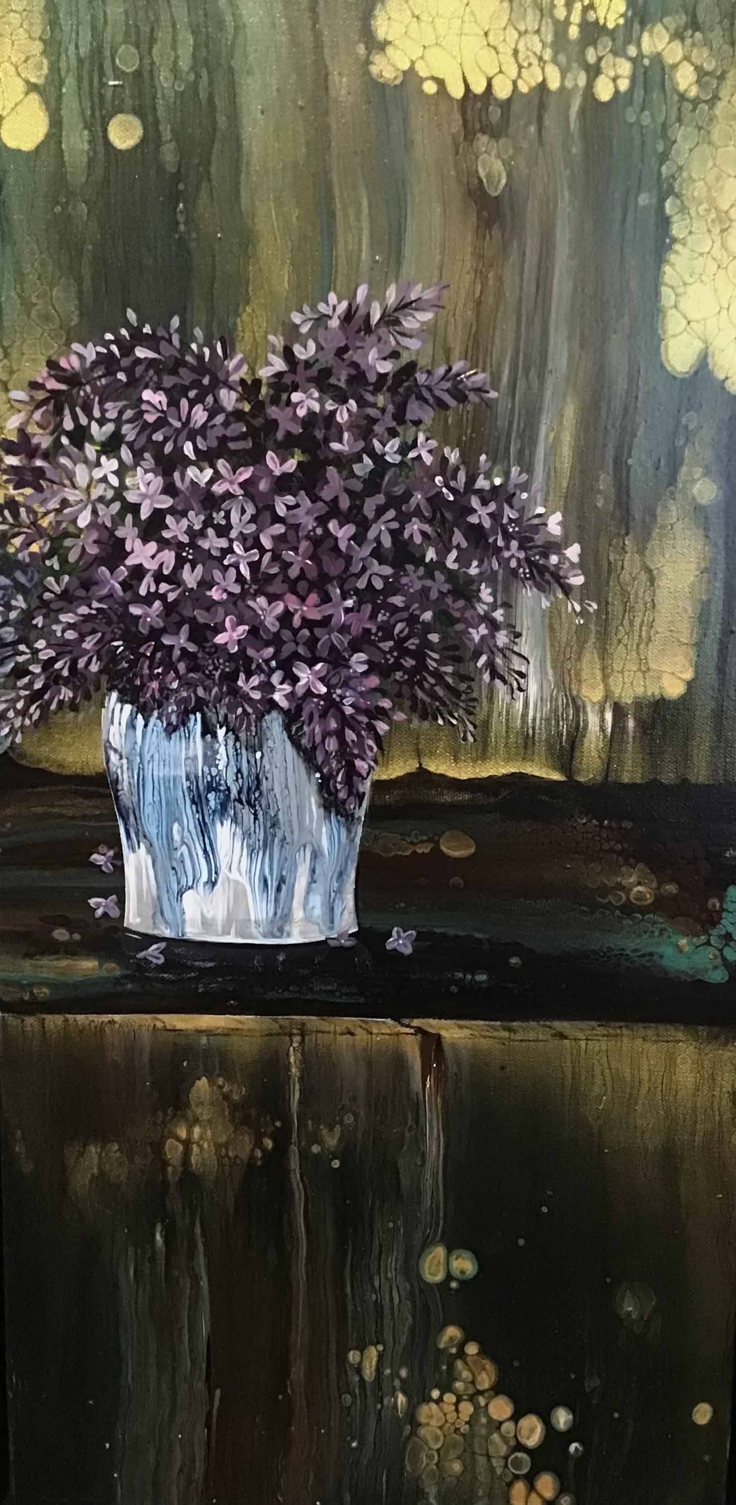 Lilacs in Blue Vase | 12x24 | acrylic | 250