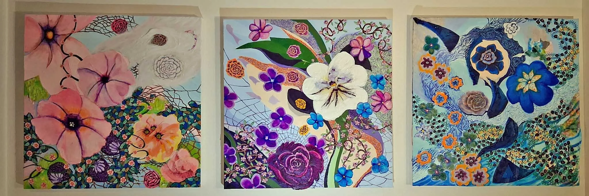 Pink Violet Blue triptych | 24x76 | acrylic and mixed media on canvas | 6000