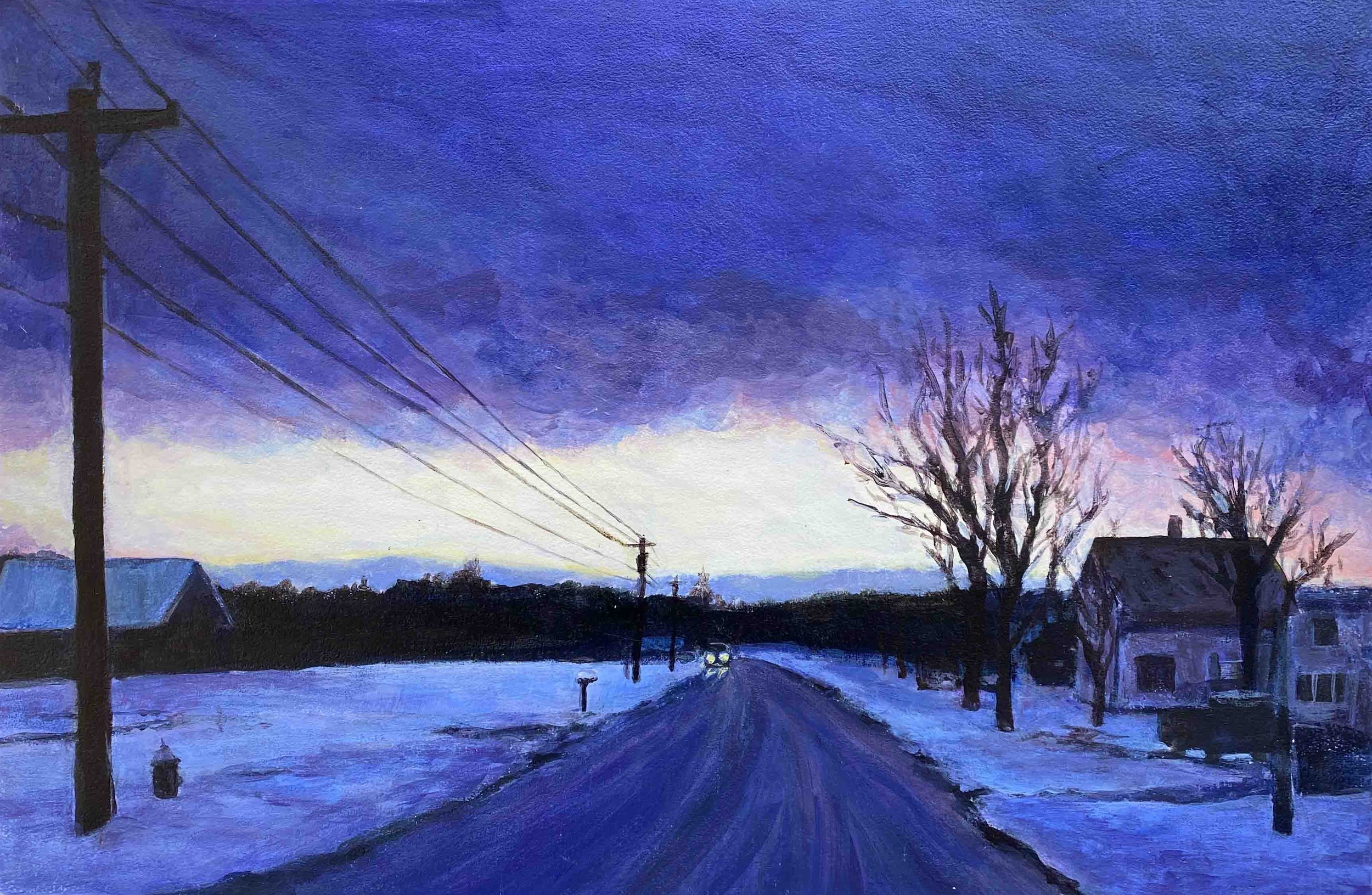 Iron Works Road at Dusk | 12 x 18 | acrylic on panel | 450