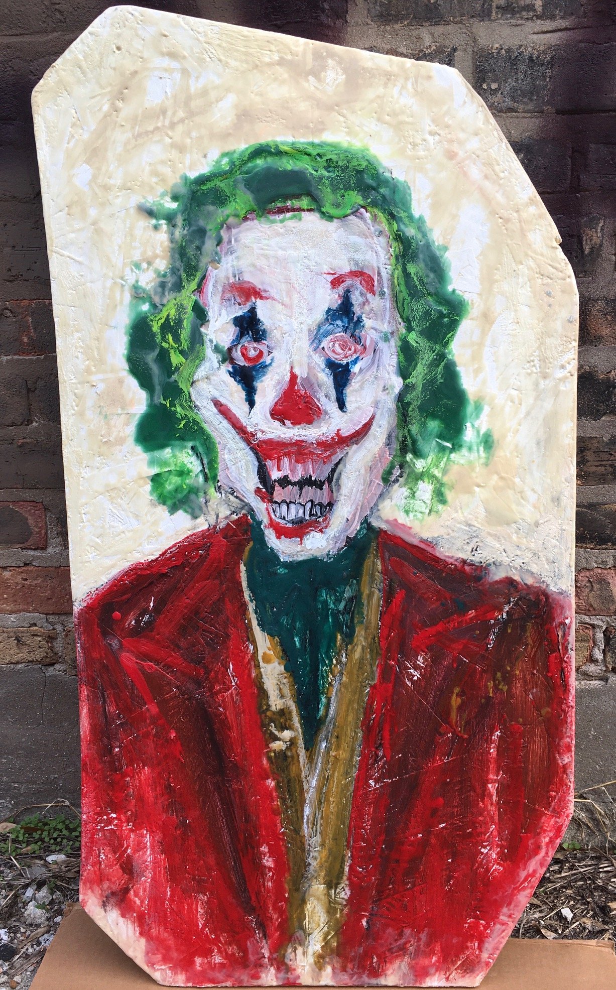 Joker | 37x20 (roughly) | acrylic/wax/charcoal on wood | 2500