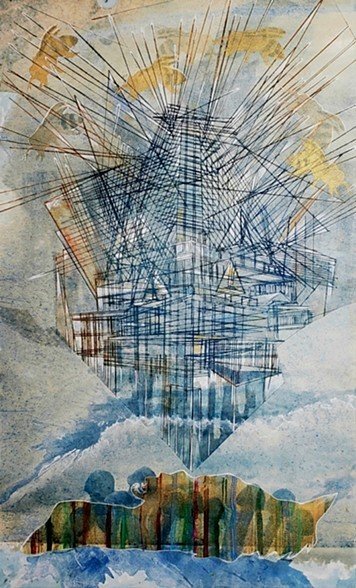 "Keystone I" 21.5 x 13 | dry-point, watercolor monotype, gold ink akua stencils, ink | 1500