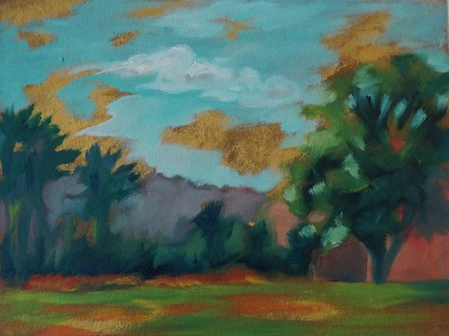 Plein air sketch across the field | 6x8 | oil on carton | 75