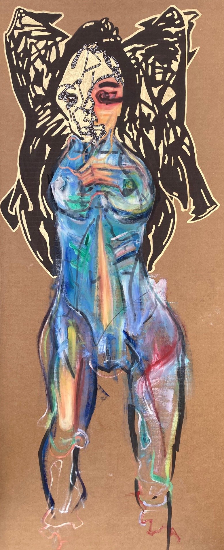 Lautrec's Cyborg Angel | 45x20 | oil, sharpie, gold leaf marker, gel pen on cardboard | 2000