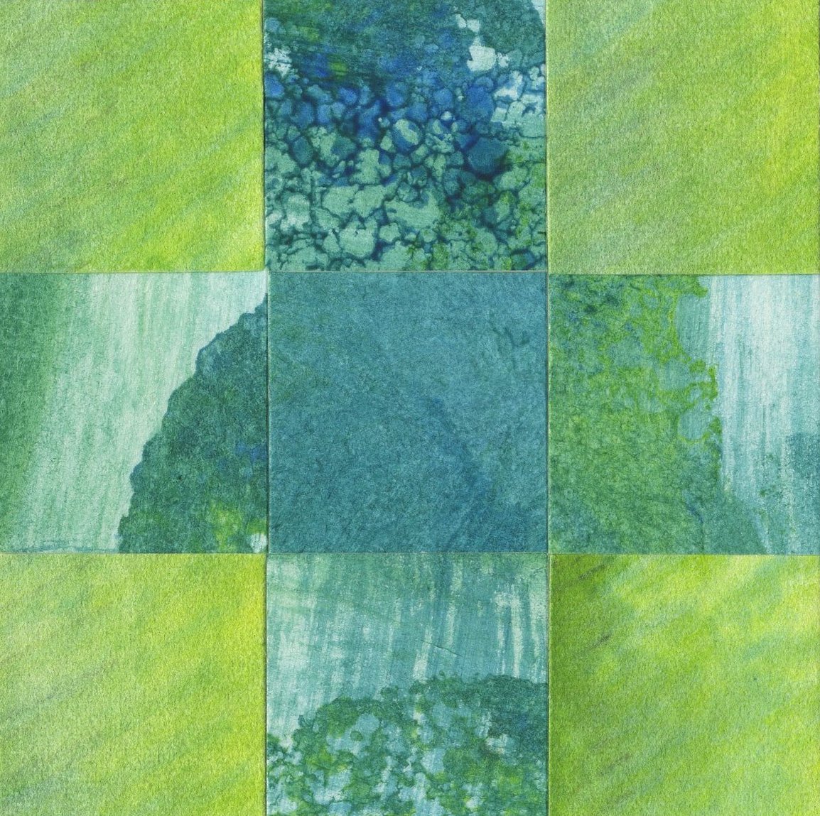 “Square Inch Project #21”
— 3” x 3”
— Watercolor Collage,
Mounted on Board,
Sealed with Wax — $30