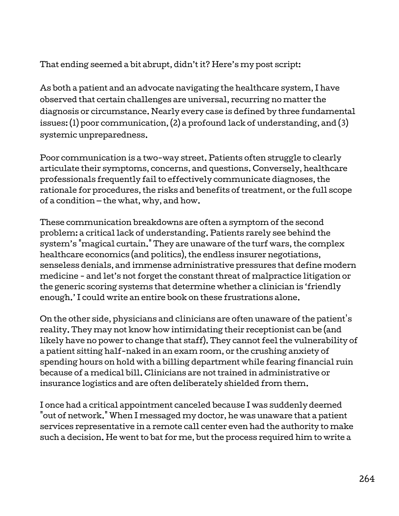 A page of printed text discussing challenges in healthcare communication and systemic issues faced by clinicians and patients.