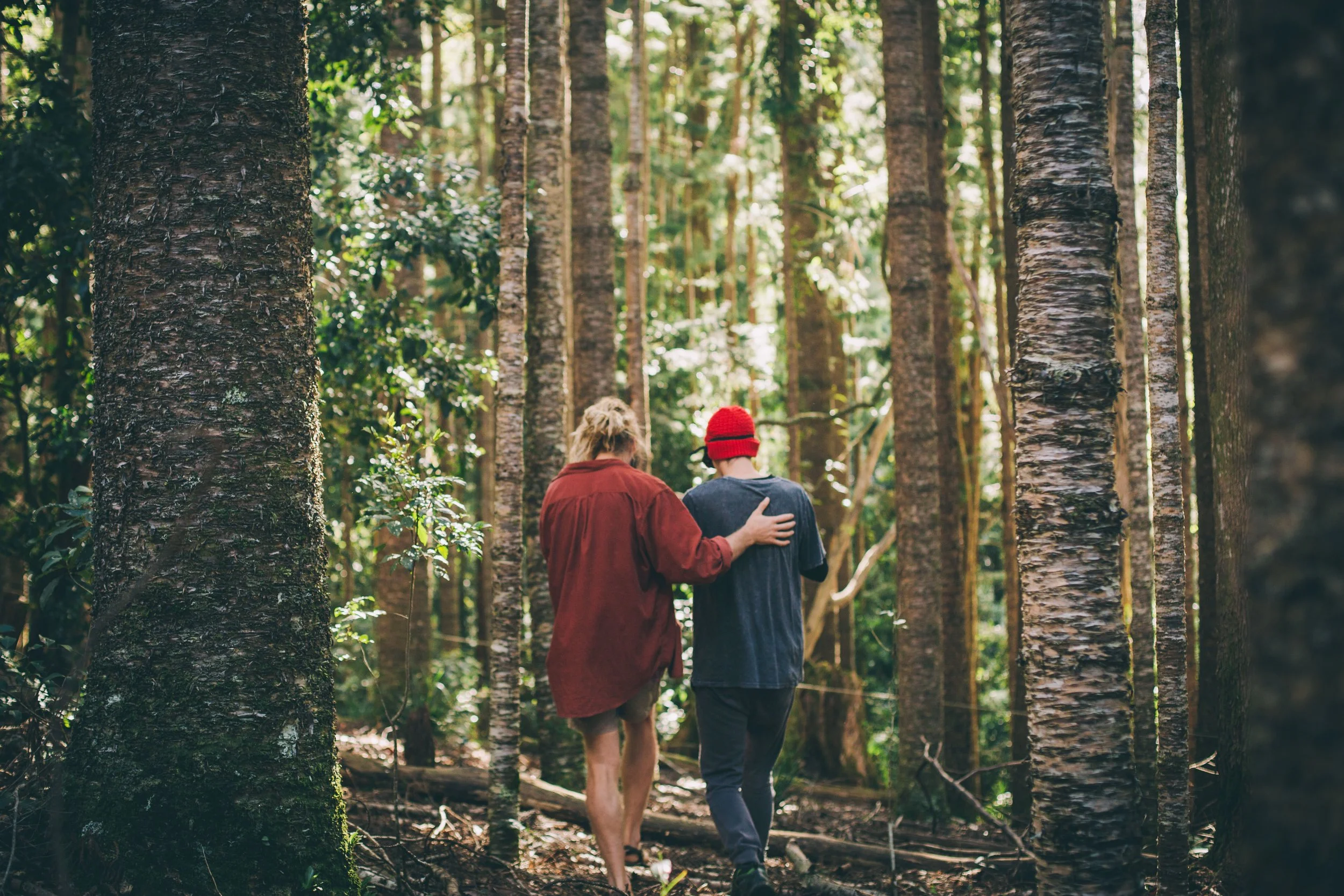Tyler from Reading Nature guiding a particpant through a forest on Natural navigation 2 program