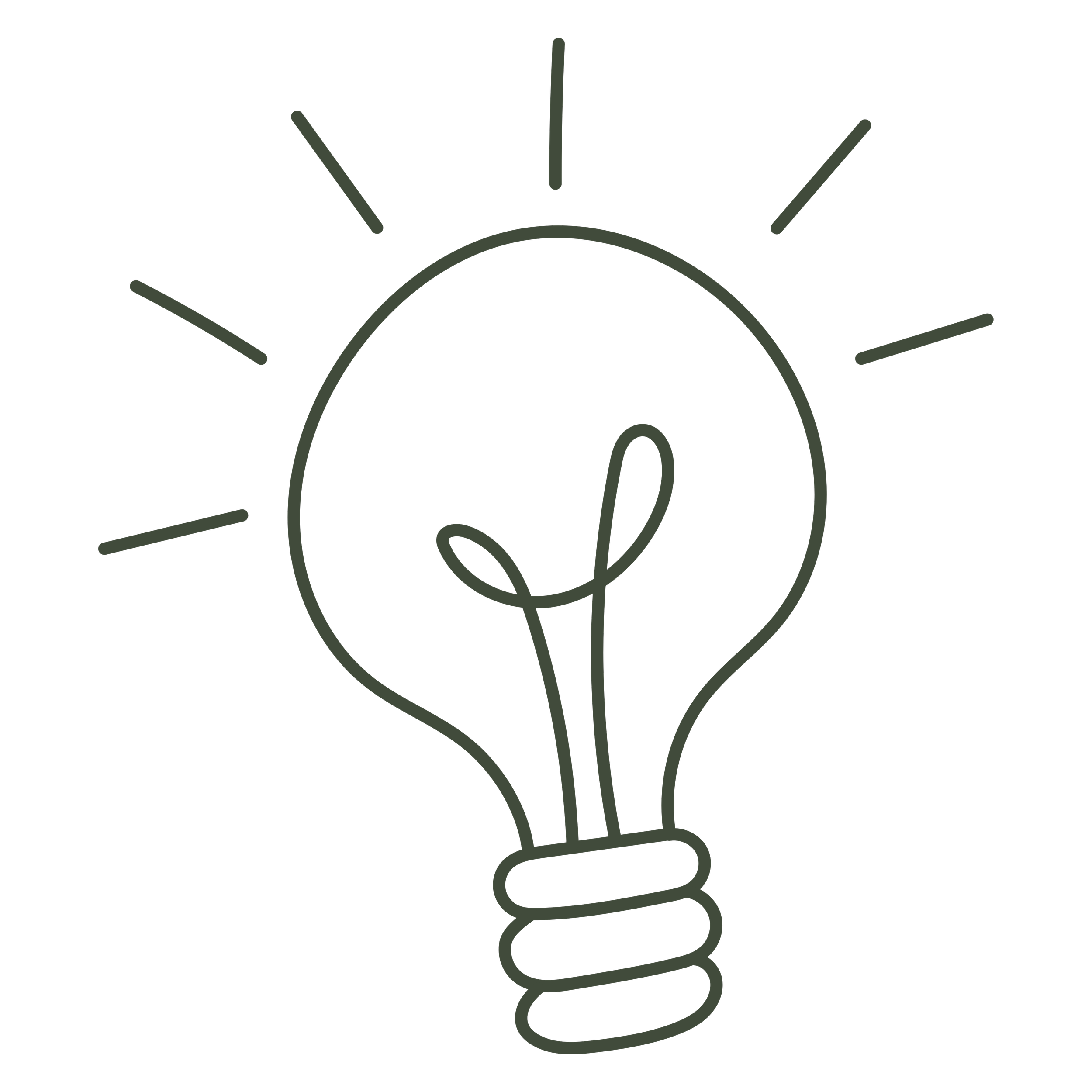 Outline illustration of a light bulb with rays emanating from it, symbolizing an idea or innovation.
