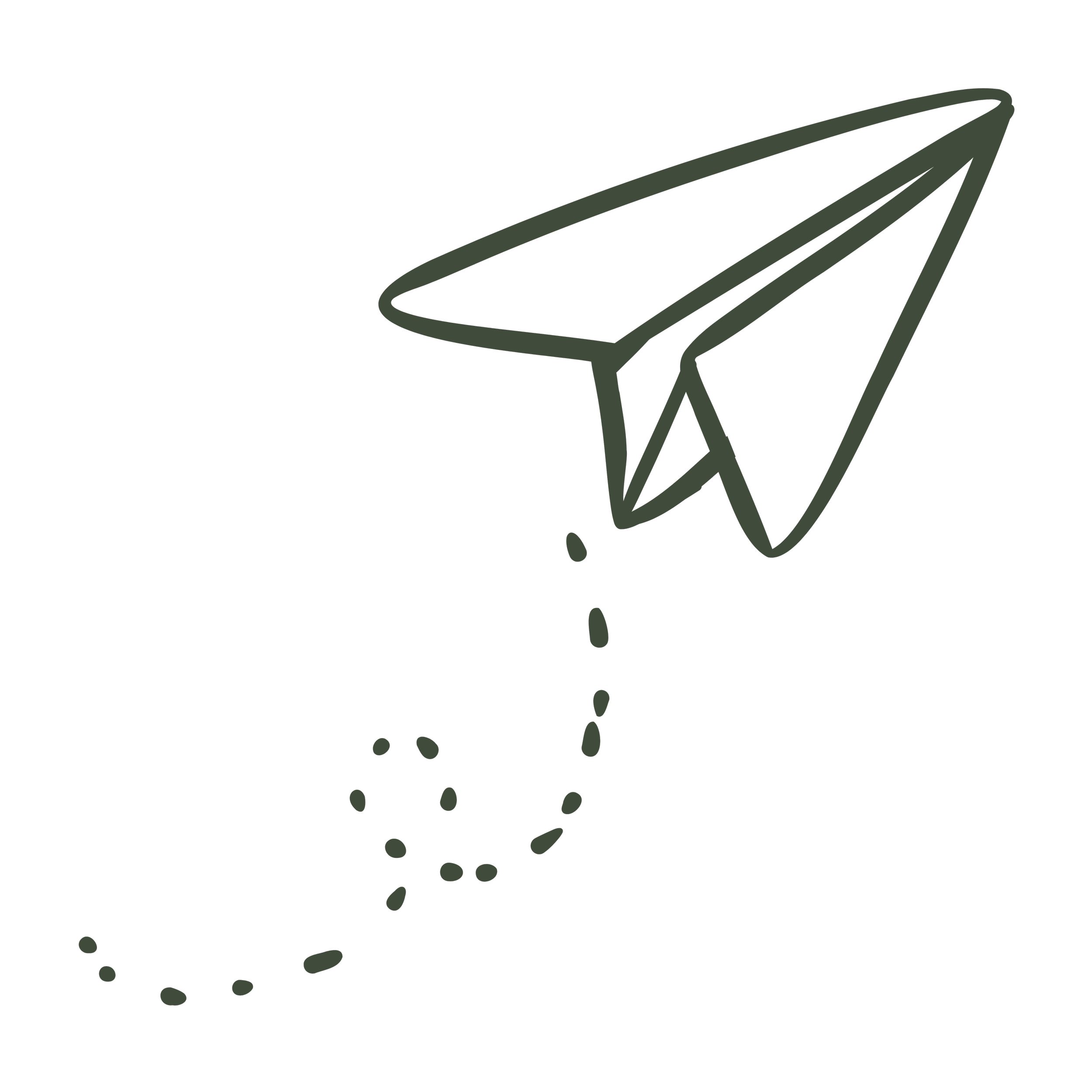 A simple, minimalistic line drawing of a paper airplane flying with dotted trail marks behind it.