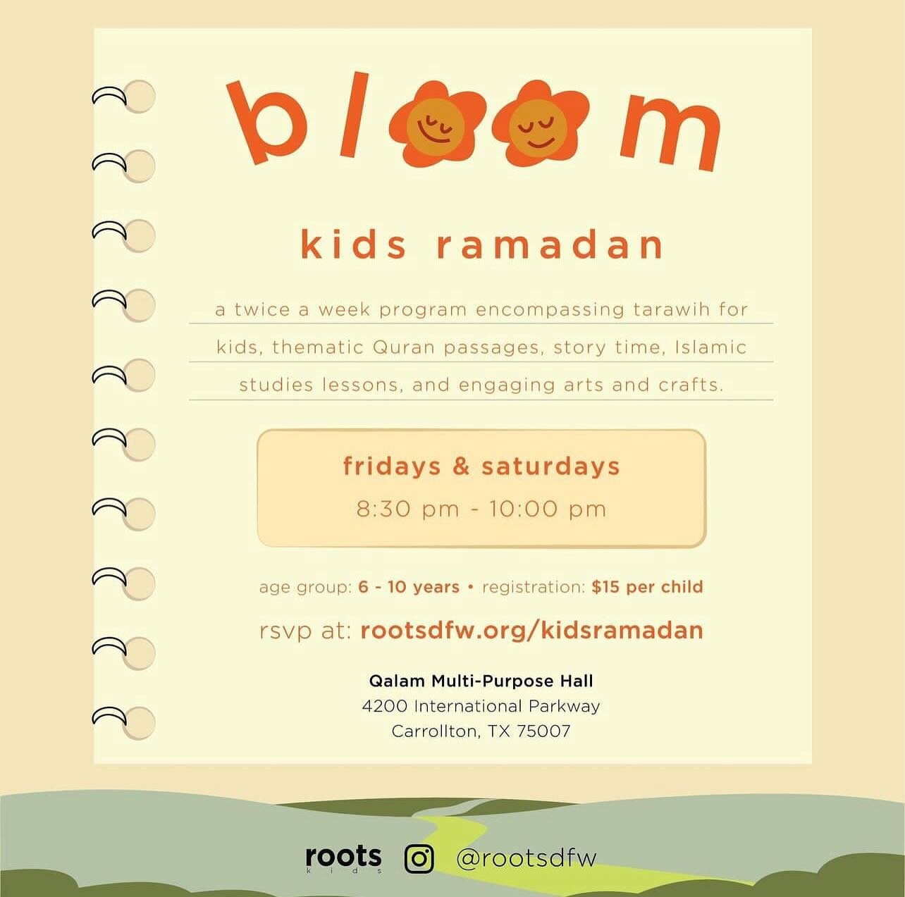 Each weekend in Ramadan, we offer a chance for our kids community to join in on fun Ramadan activities along with a Tarawih specific for children! 

Join us this Friday and Saturday by following the link in the flyer rootsdfw.org/kidsramadan to regis
