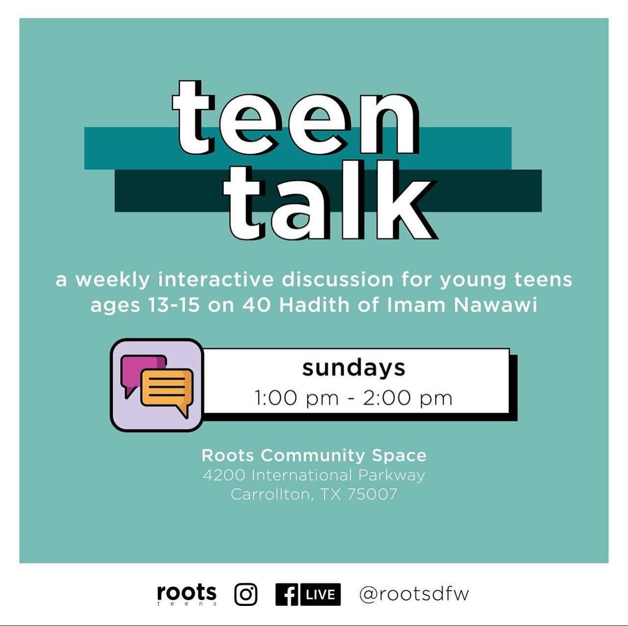 We are excited to kick off our regular Sunday youth programming now that the Eid break is over! Join us for Teen Talk at 1 PM followed by Faithful at 2:30 PM as we look to explore some statements of the Prophet, may peace and blessings be upon him, i