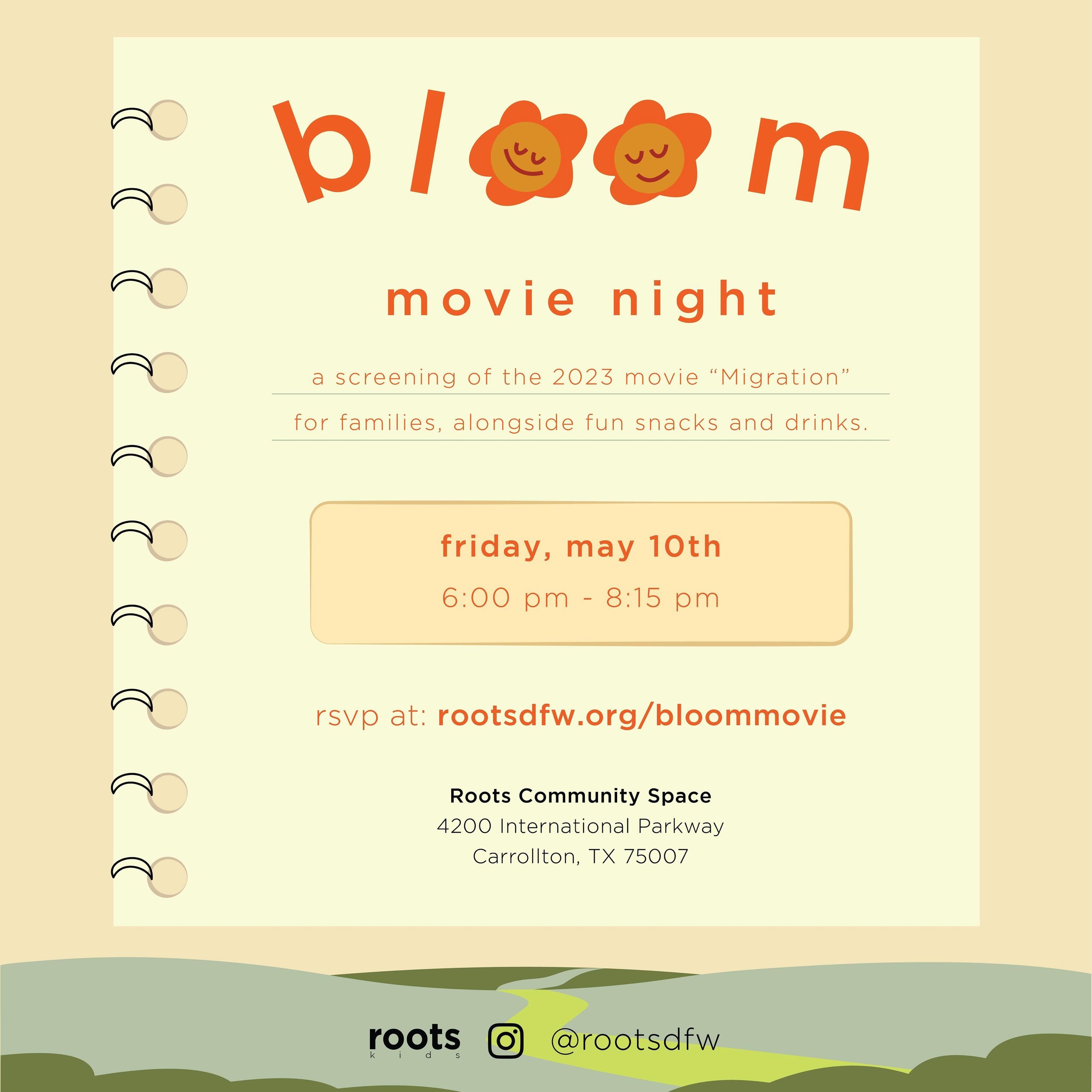 Roots Community! Join our Bloom family with your children on Friday evening for a fun movie night featuring the film: Migration (2023). We will be serving movie snacks for kids along with chai for parents. This program is open to all! Please RSVP at: