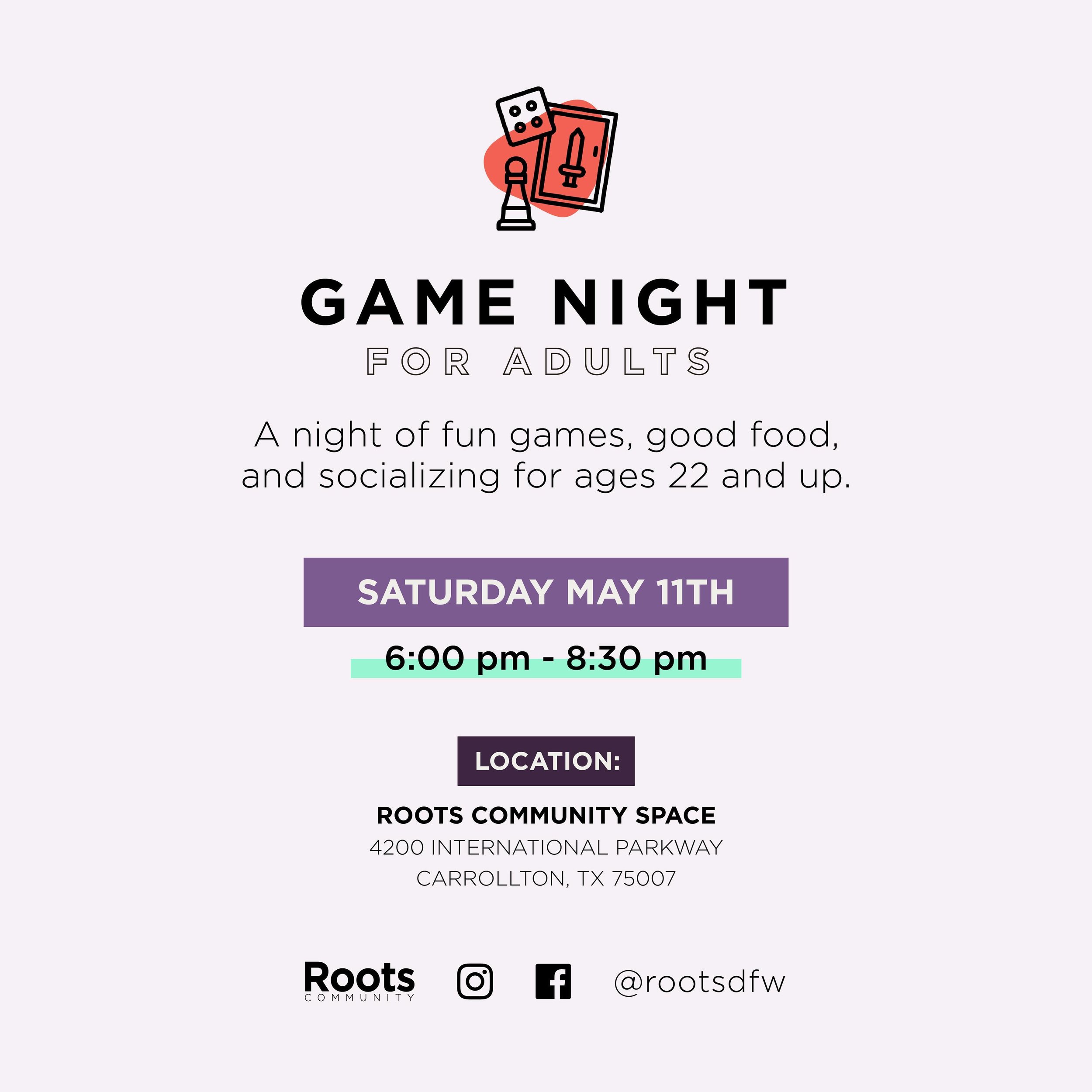 We have a great opportunity for our adult community at Roots on Friday evening! Join us for a game night for our 22+ demographic with individual and team games and an evening of community building! See y&rsquo;all there iA.