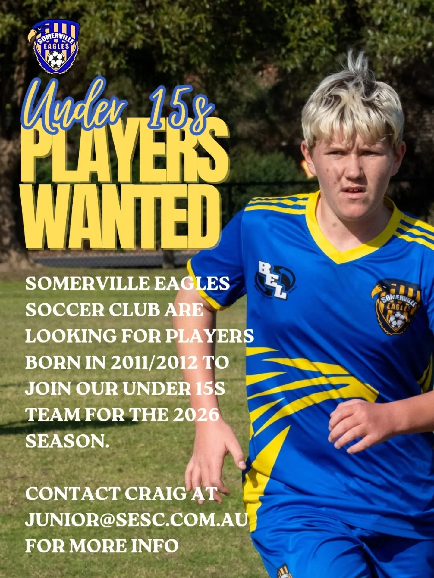 🦅 UNDER 15s ⚽️

Somerville Eagles Soccer Club are looking for players born in 2011/2012 to join our under 15s team for the 2026 season. 

Contact Craig at Junior@sesc.com.au for more info or contact the page.

#sesc 🦅