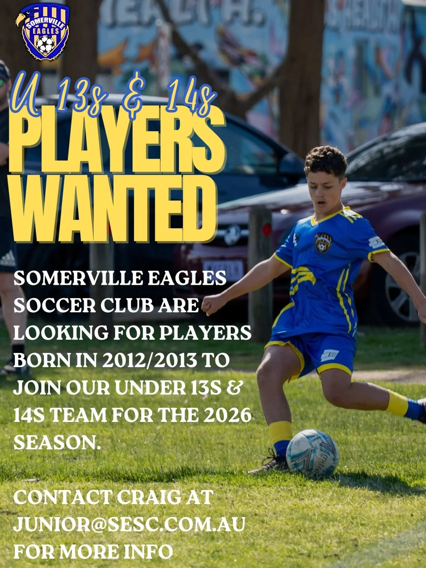 🦅 UNDER 13s &amp; 14s PLAYERS WANTED ⚽️

We're seeking some young gun players to round out some of our junior teams this year! If your child is born in either 2012 or 2013, we want you!

Registrations are open for all age groups and for any question