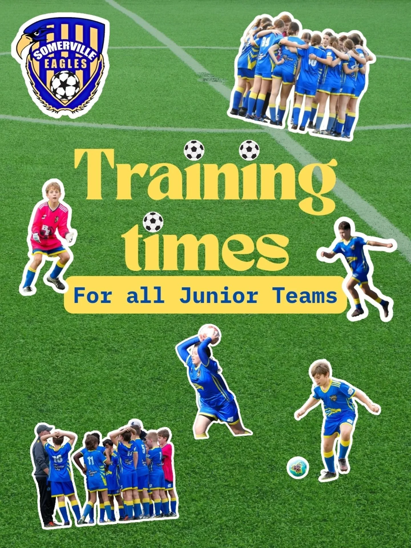 🦅⚽️ JUNIOR TRAINING TIMES ⚽️🦅 

Times for our junior trainings are out now! Training commences after Labor Day on March 9th! 

Save this post and make note of which team trains when! 

Under 6s - Wednesday - 5-6pm 

Under 7s - Wednesday - 5-6pm 

U