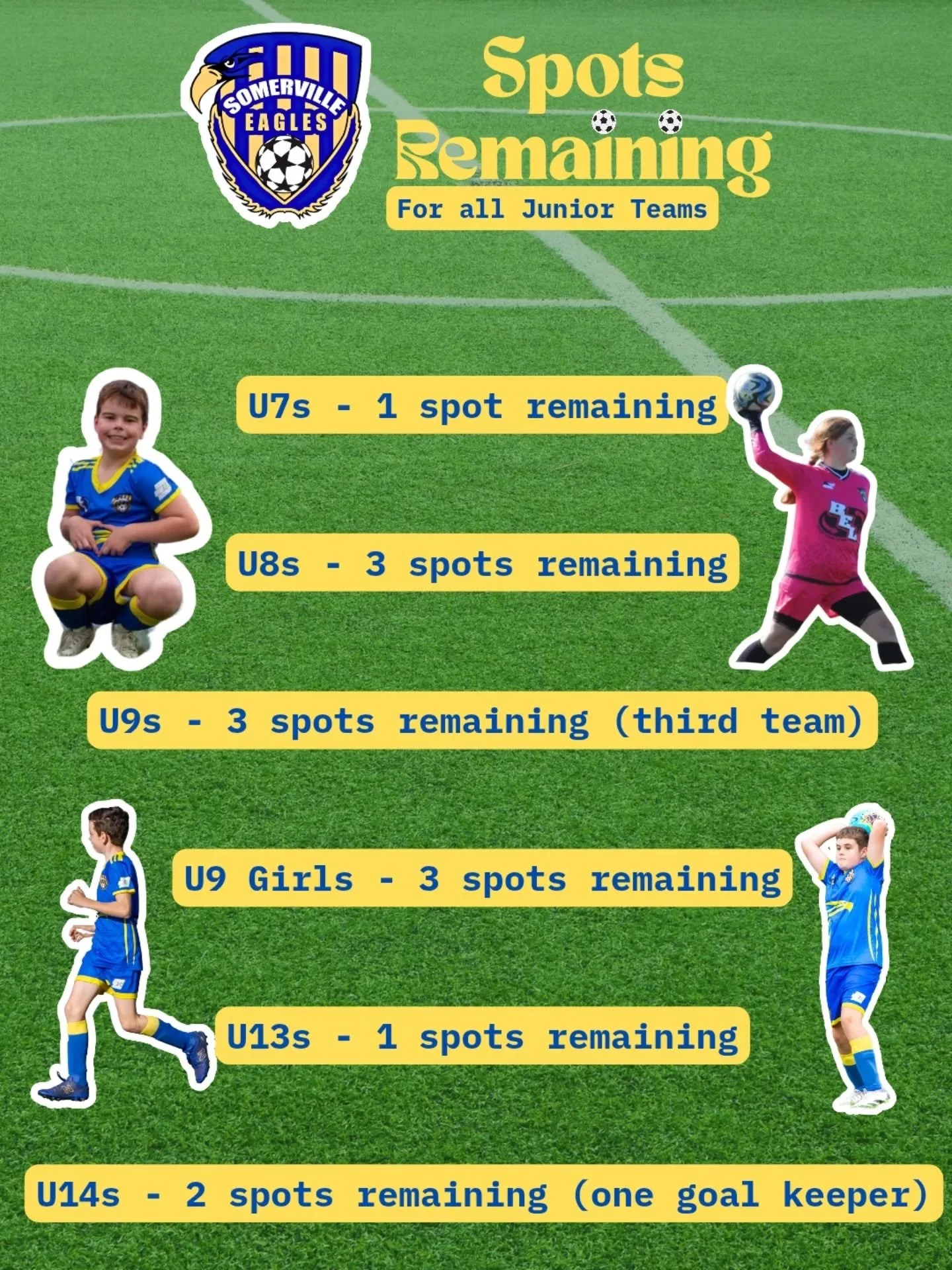 Our Junior teams are almost all full! Limited spots remain so don't miss out. 

We're looking for 3 new under 9 players to get a third team up for this year! We're also on the hunt for an under 14s goal keeper.

For any enquires contact Craig at juni