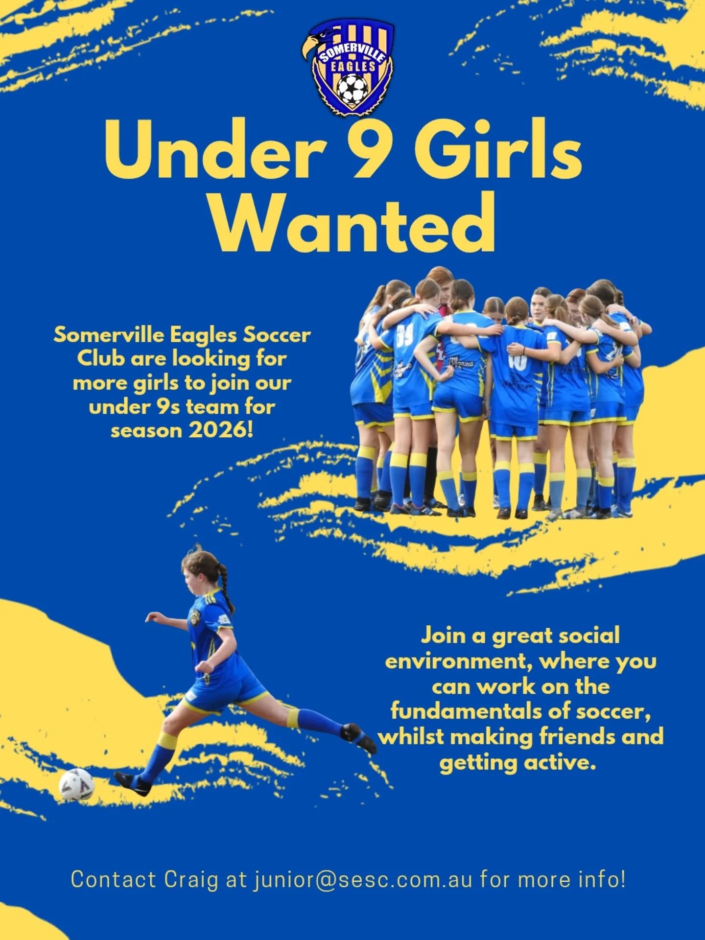 🦅 UNDER 9 GIRLS WANTED ⚽️ 

We're looking for a few more under 9 girls to round out our team this season! 

What playing soccer this year looks like: 

☀️ Fun and Sociable Environment
🏃&zwj;♀️ Getting Active
⚽️ Work on the Football Fundamentals 

W
