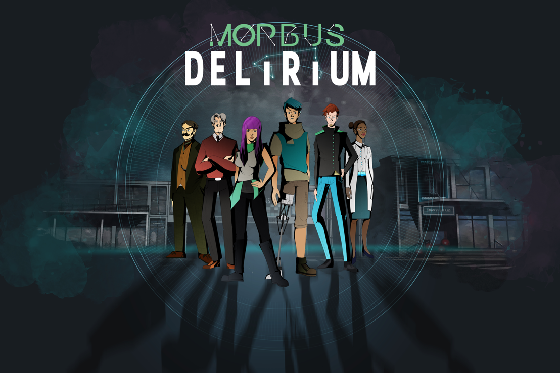 Animated characters standing in front of a mysterious building with the title 'MORBUS DELIRIUM' above them.