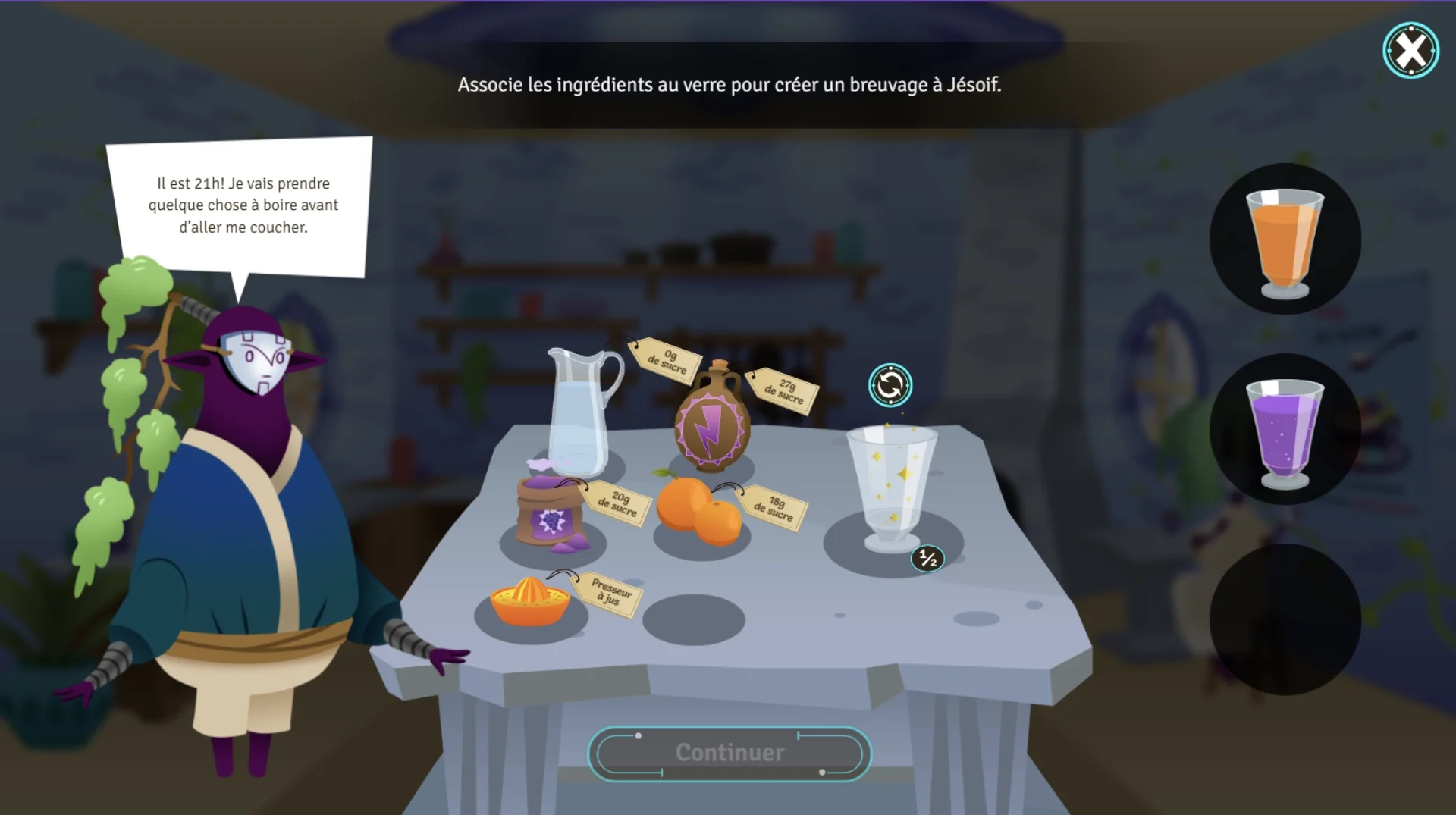 Associating ingredients and drinks in the game