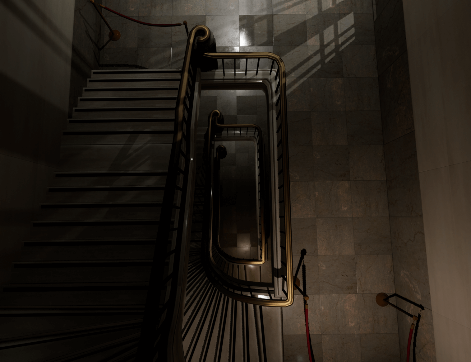 A bird's eye view of a 3D re-creation of the court's staircases. Used in-game.